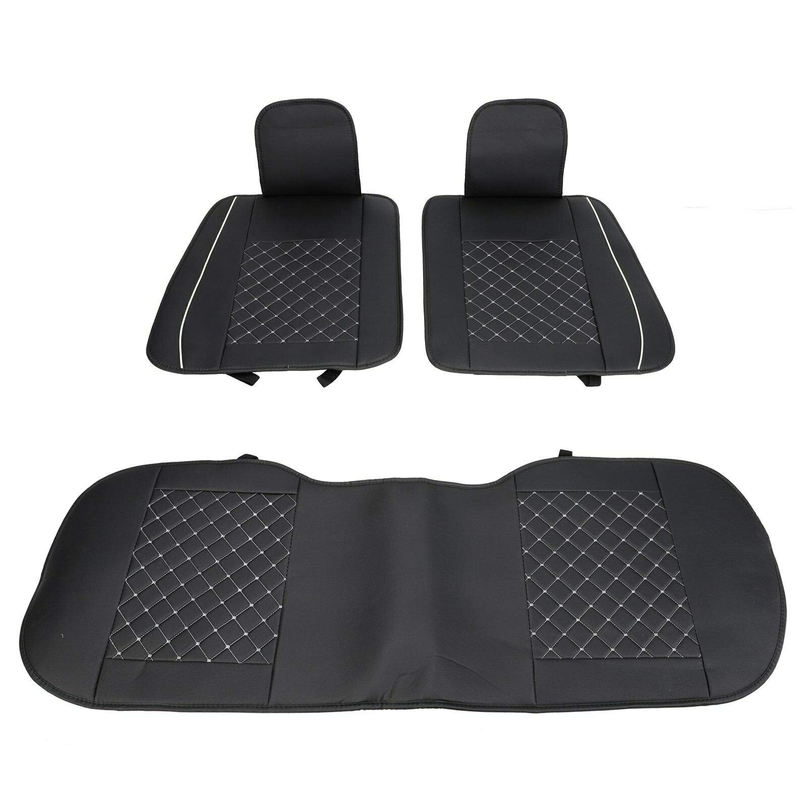 Premium Universal PU Leather Car Seat Cover Full Set - 5-Seat Front & Rear Cushions with Pillows for SUV, Truck, Van | All-Weather Protection & Comfort (Black/White Line) | Perfect for Daily Commute, Road Trips & Family Travel