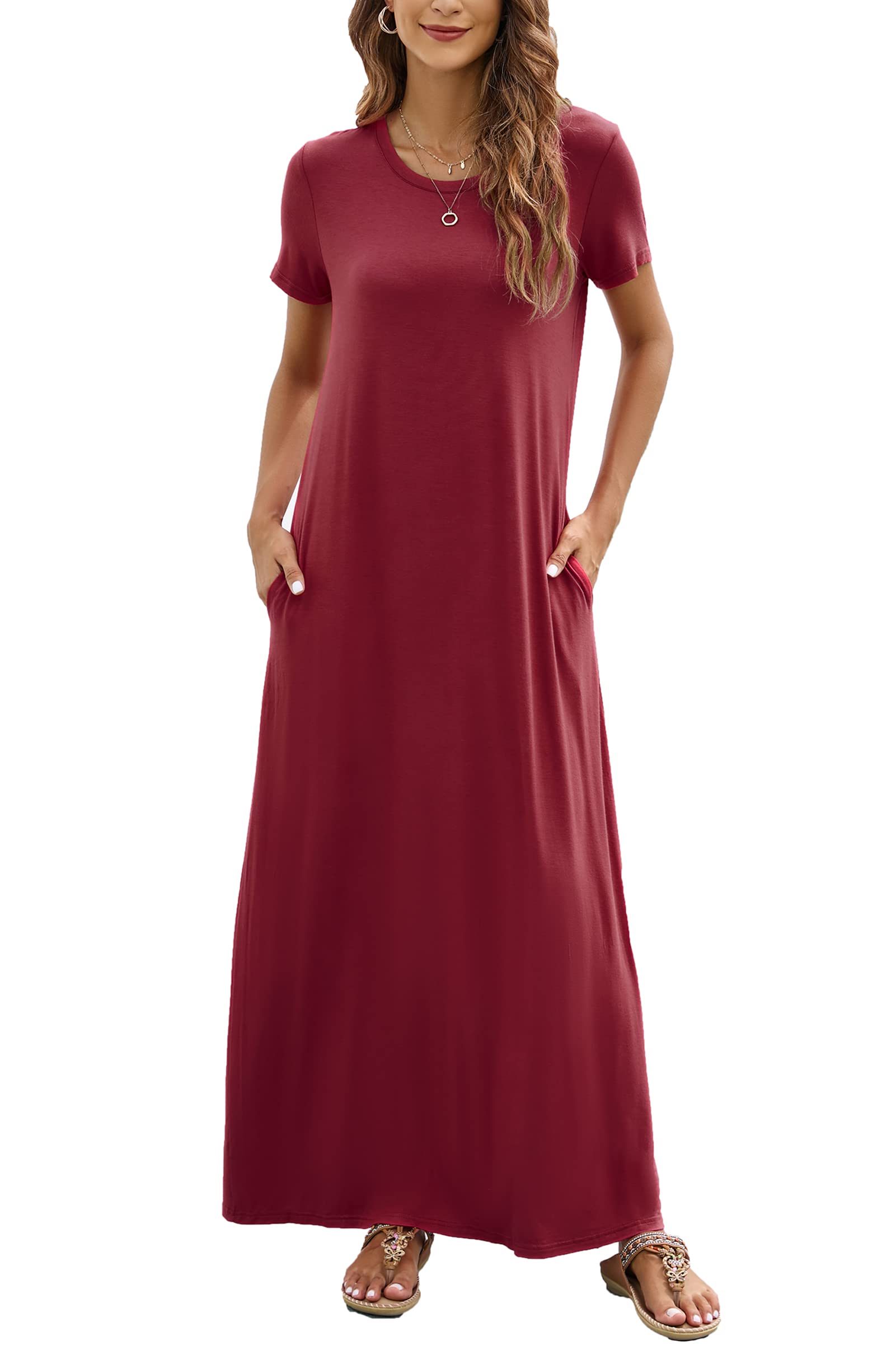 Hount Women's Summer Short Sleeve Maxi Dress - Casual Loose Beach Sundress with Pockets - Perfect for Vacation, Travel, and Outdoor Activities