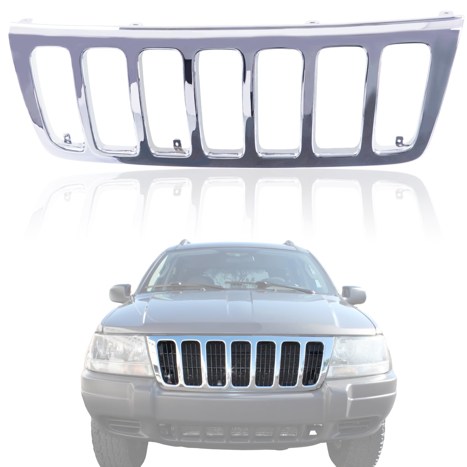 CarPartsDepot Chrome Front Grille for 1999-2003 Jeep Grand Cherokee LAREDO (CH1200221 55155921AB) - Replacement Auto Part for Off-Road & Daily Driving