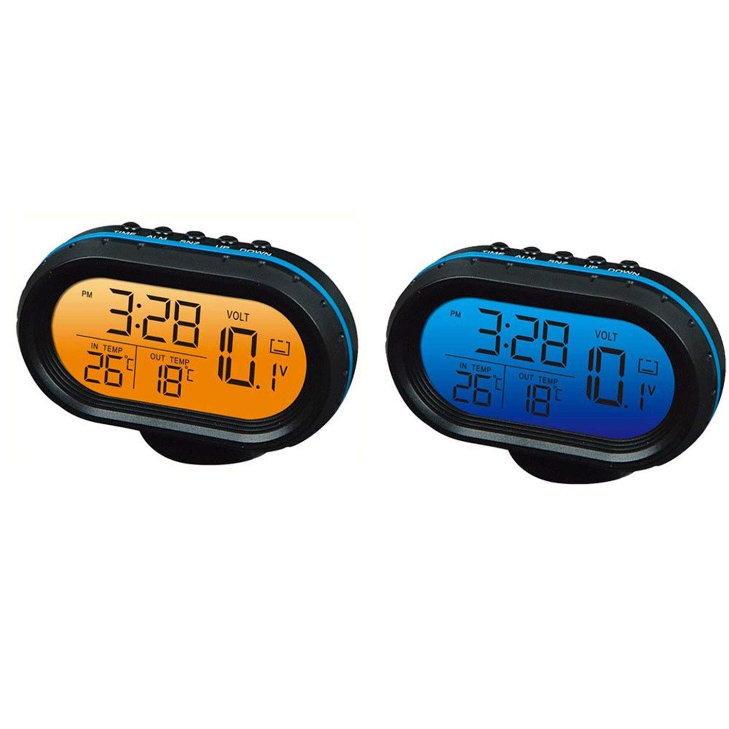 AECBUY 12V Digital Car Thermometer Voltmeter with Clock, Alarm & LCD Display - Multifunctional Auto Battery Monitor for Voltage, Freezing Temp & Time - Perfect for Trucks, RVs & Winter Driving (Blue)