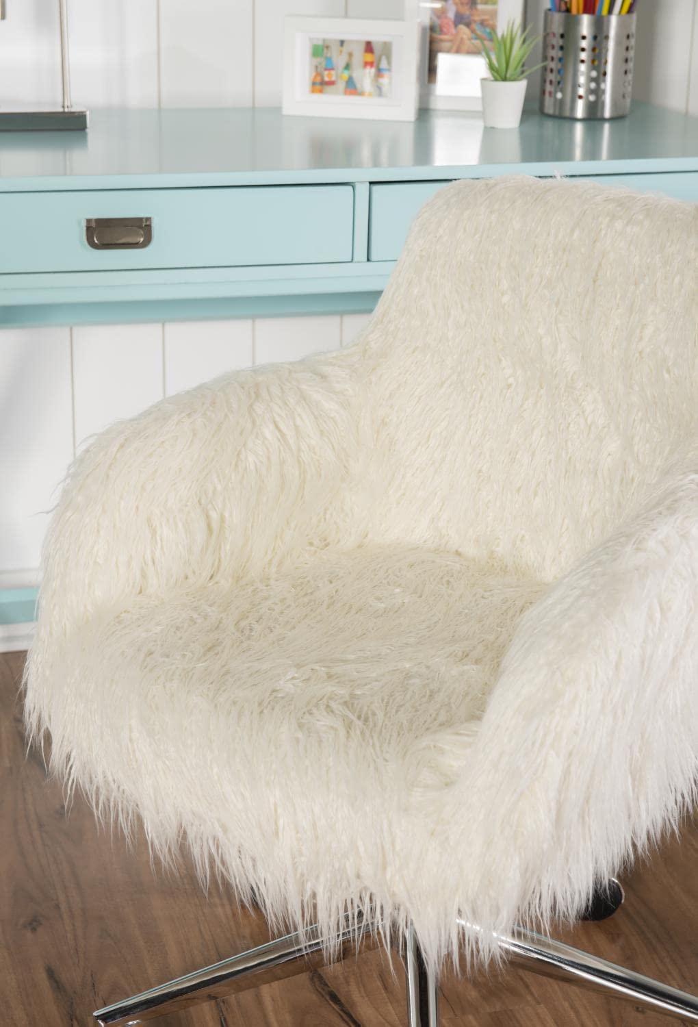 Linon Fiona Office Chair - Ergonomic Faux Fur Desk Chair with Adjustable Height, Lumbar Support - Perfect for Home Office, Gaming & Workspace Comfort