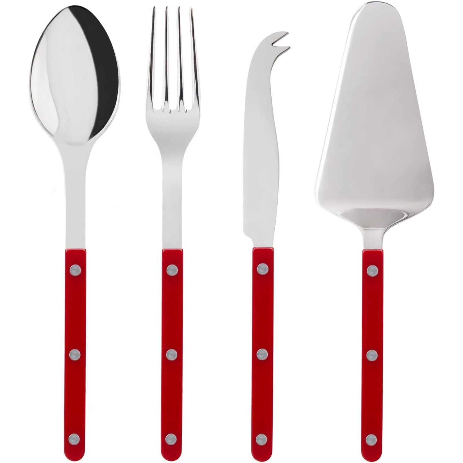 4-Piece Stainless Steel & Nylon Serving Set - 2 Flatware, Serrated Pie Server, Cheese Knife - Bistrot Collection - Dishwasher Safe - Burgundy Brilliant Finish - Perfect for Dinner Parties, Cheese Platters & Dessert Serving