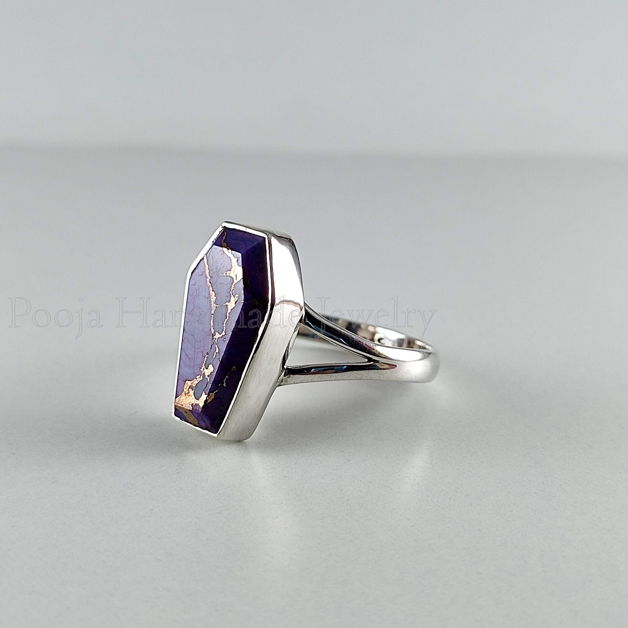 Handmade 925 Silver Coffin Ring with Purple Copper Turquoise - Boho Delicate Jewelry for Women, Anniversary Gift, Promise Ring - Perfect for Weddings, Parties & Special Occasions