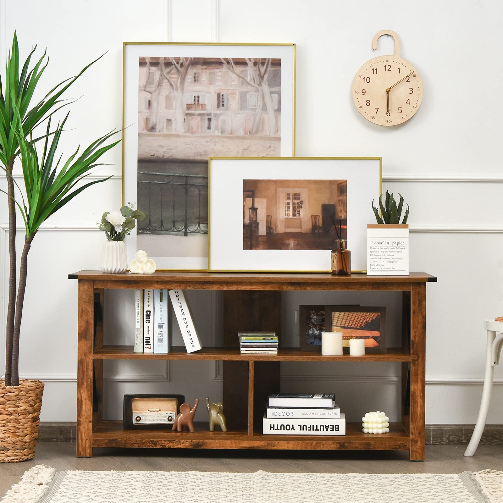 Tangkula 3-Tier Wooden TV Stand with Open Shelves & X-Shaped Frame - Farmhouse Style Entertainment Center for 55-Inch TVs - Sturdy TV Console Table for Living Room, Bedroom & Home Theater (Brown)