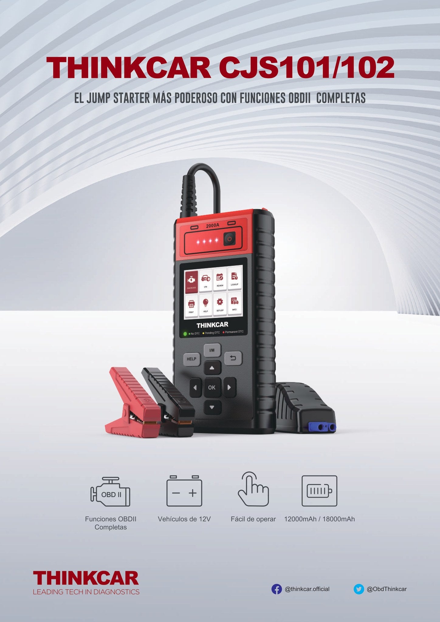 THINKCAR CJS102 Portable Car Battery Jump Starter - 2000A Peak 12V Auto Battery Booster Pack with USB Quick Charge, LED Light for Trucks, SUVs, RVs (Emergency Roadside Assistance & Outdoor Power Supply)