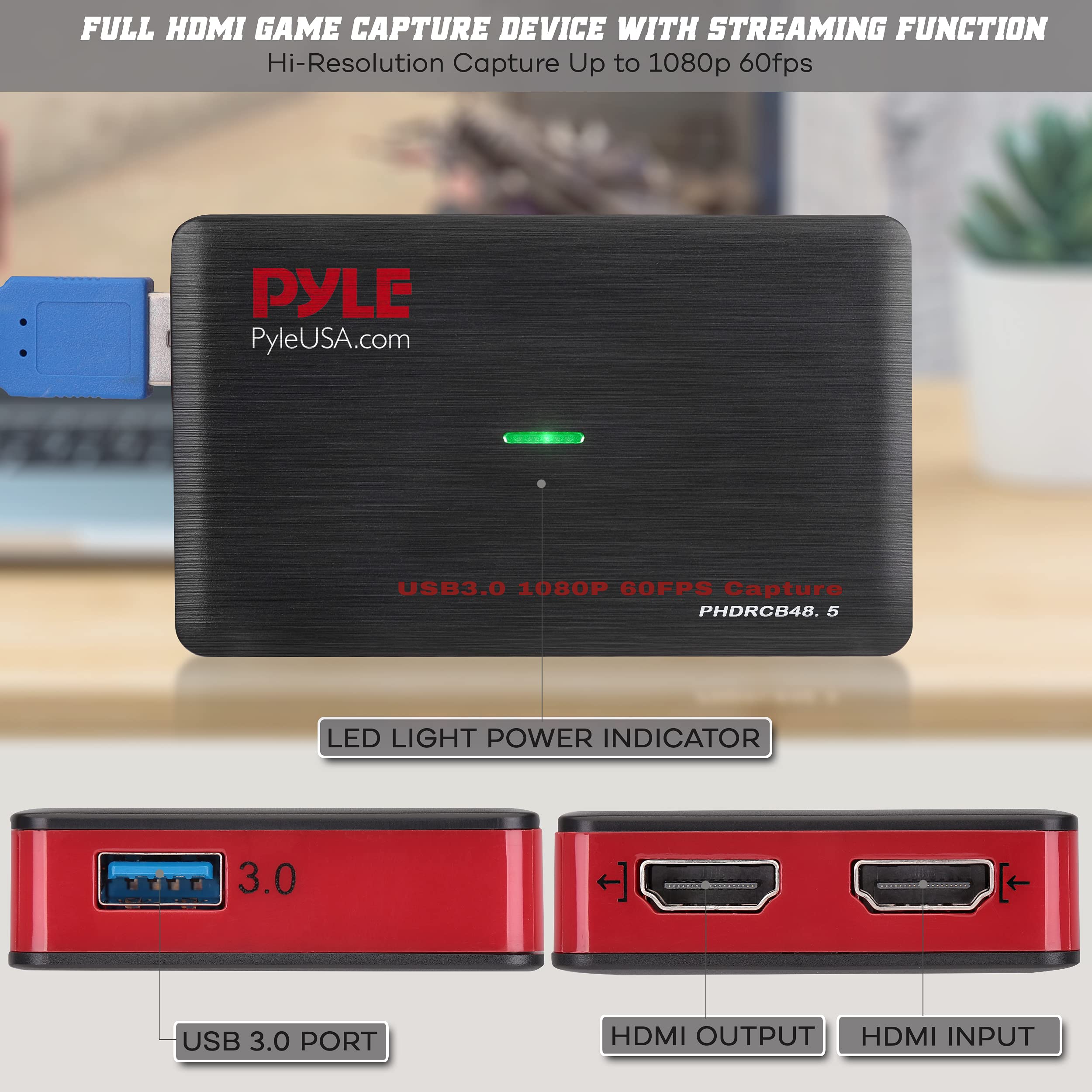 Pyle HD Video Game Capture Card - 1080p HDMI Recorder & Live Streaming Device for PC, PS4, Xbox One, Wii | USB & SD Card Support | Perfect for Gaming, Streaming & Content Creation