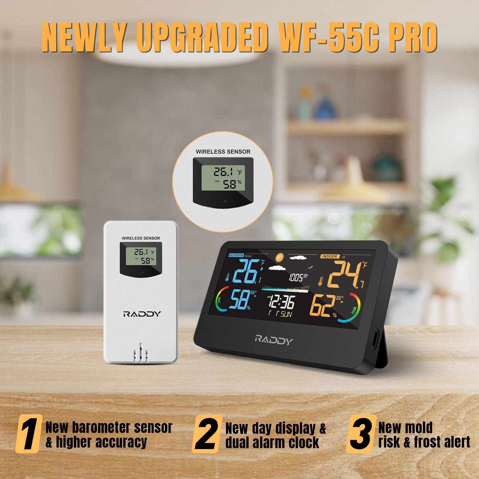 Raddy WF 55C Pro Wireless Weather Station with Thermometer, Hygrometer & Barometer - Accurate Indoor/Outdoor Temperature Humidity Monitor & Weather Forecast with Mold Risk Alert - Perfect for Home, Garden, Greenhouse & Office Use