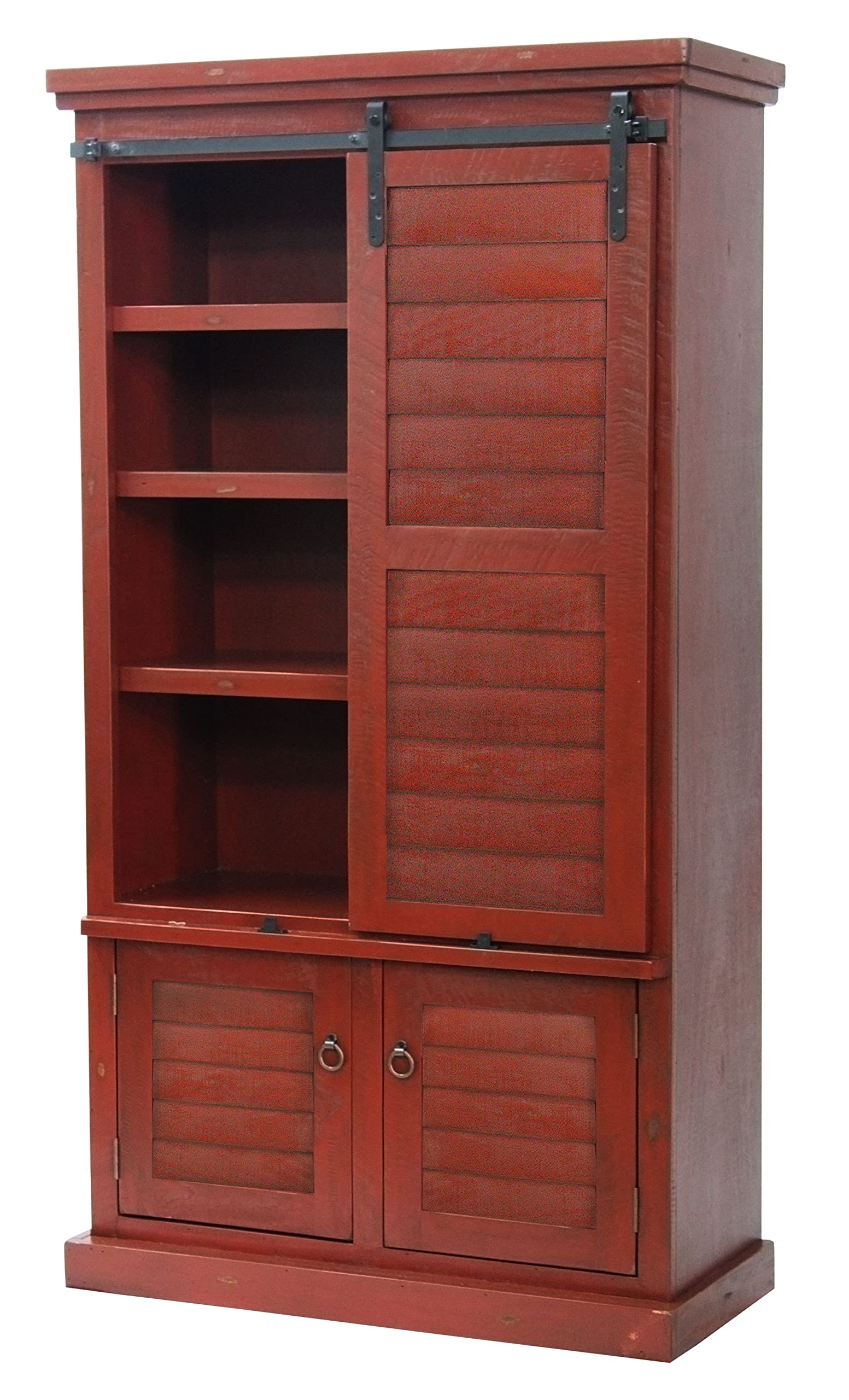 Rustic Red Wooden Shutter Door Pantry Cabinet for Kitchen - Farmhouse Style Storage with Adjustable Shelves | Perfect for Country Homes, Farmhouse Kitchens & Pantry Organization