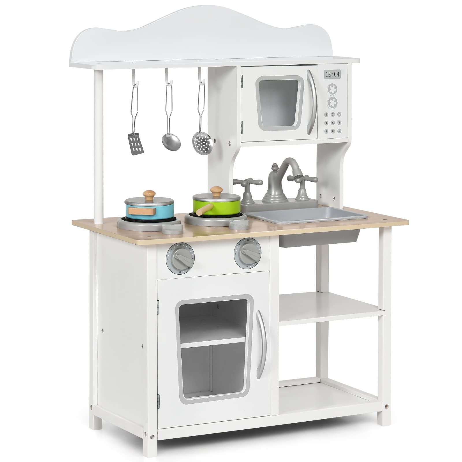 Costzon Wooden Kids Kitchen Playset with Sink, Oven, Microwave, Stove, Pots & Utensils - Pretend Play Kitchen Toy for Toddlers & Kids, Perfect Gift for Boys & Girls, Ideal for Home, Preschool & Daycare Playrooms