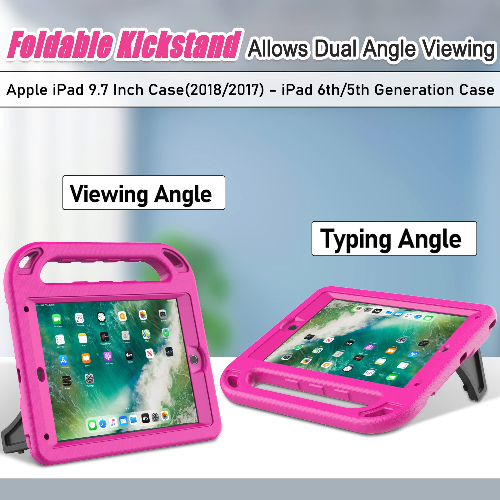 LTROP Shockproof Kids iPad Case for iPad 6th/5th Generation & iPad Air 2 (9.7 Inch 2018/2017) with Built-in Screen Protector & Handle Stand - Rose | Durable Protective Cover for School, Travel, and Home Learning
