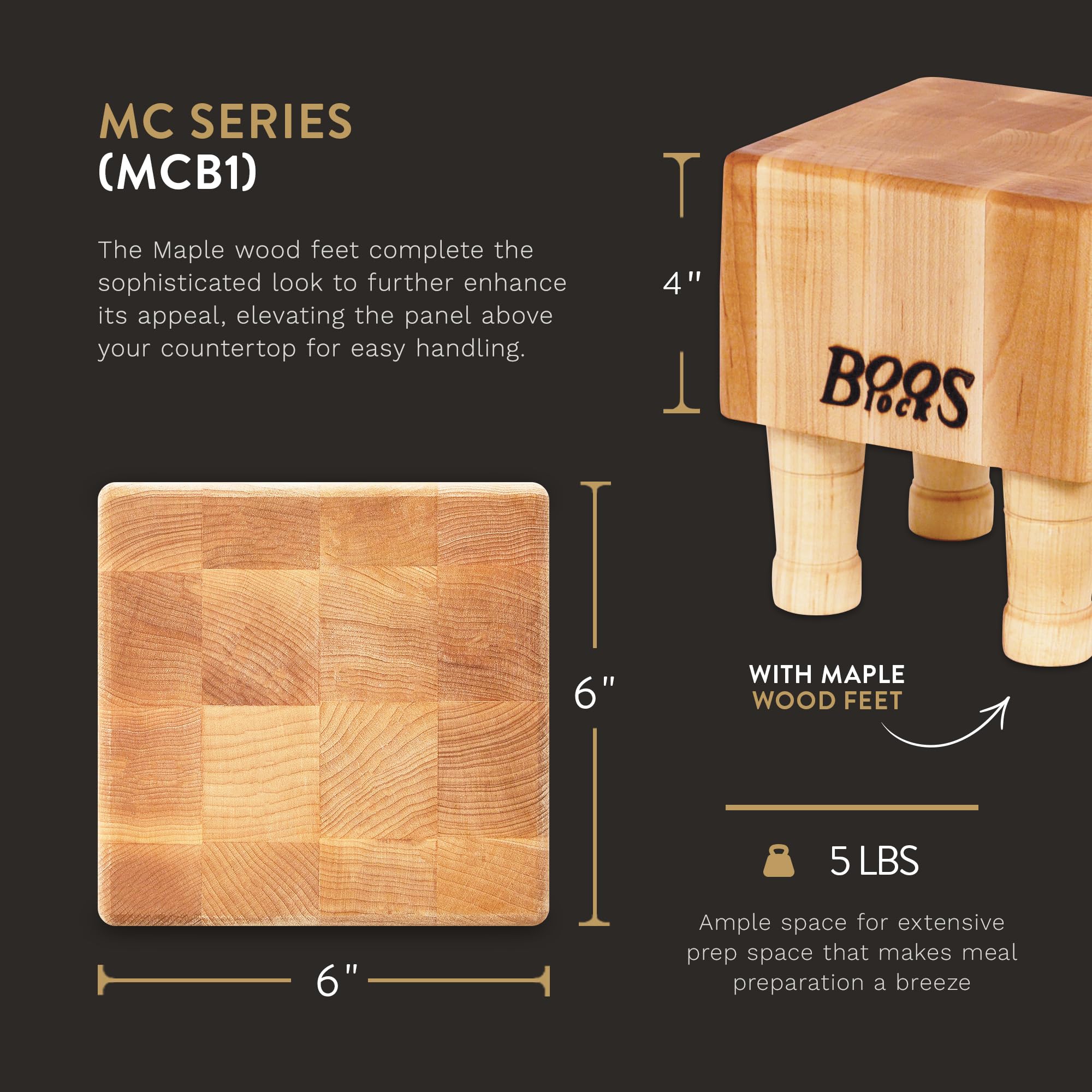 Premium John Boos MC Series 6x6 Inch Maple Wood Cutting Board with Non-Slip Feet - 4-Inch Thick Square Chopping Block for Kitchen, Butcher, Meat Cutting & Charcuterie Display