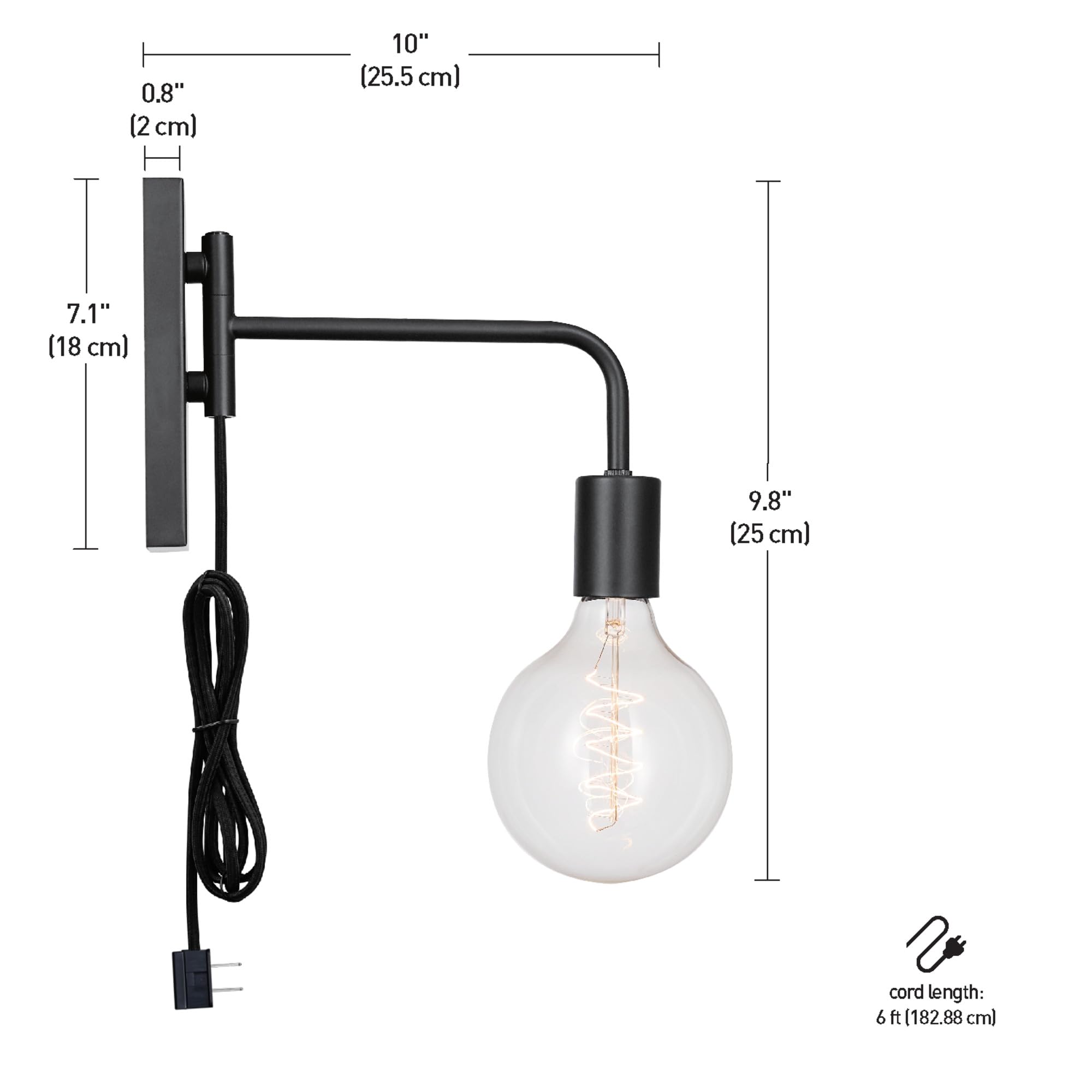 Globe Electric 51370 Matte Black 1-Light Plug-in Wall Sconce with Black Cloth Cord - Bedroom, Kitchen & Living Room Wall Lighting Fixture - Home Décor Wall Lamp (Bulb Not Included) - Perfect for Ambient Lighting in Hallways, Reading Nooks & Entryways