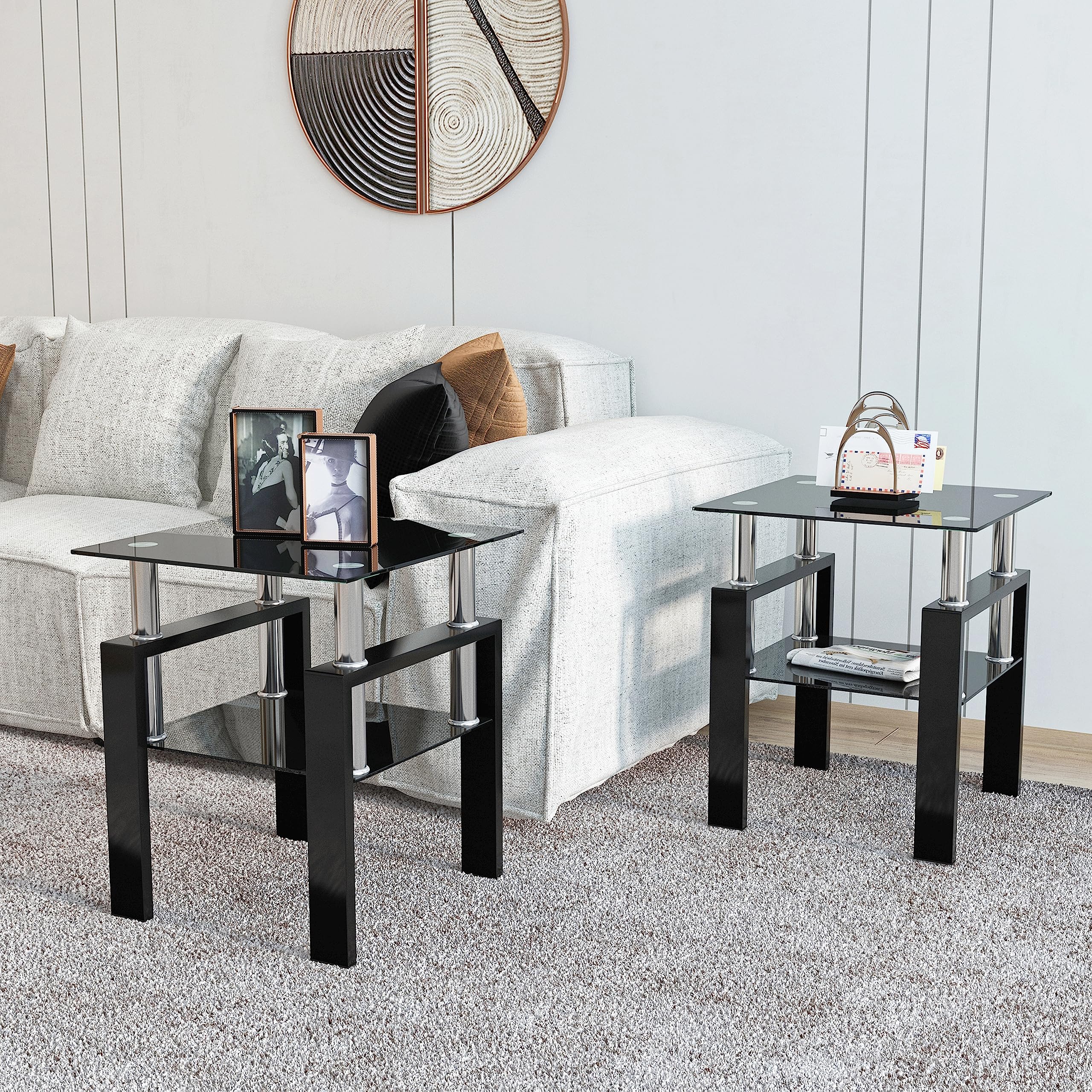 Modern 3-Piece Glass Coffee Table Set with Storage - Black Metal Leg Rectangle Tempered End & Side Tables for Living Room - Perfect for Small Spaces, Apartments & Home Decor (Black-B)