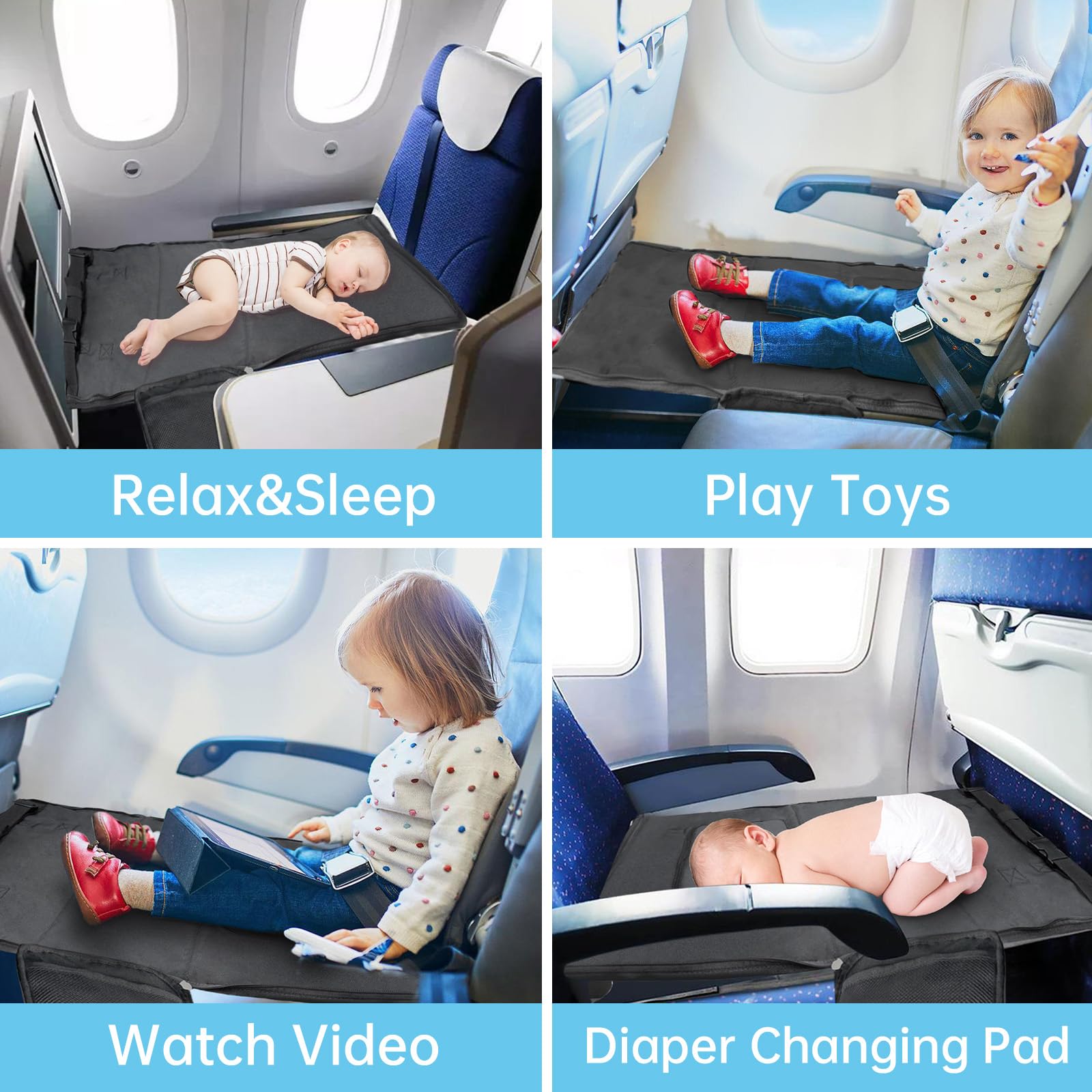 2-in-1 Toddler Airplane Bed & Travel Bag - Portable Kids Plane Seat Extender & Carry-On Duffel - Baby Flight Essentials Footrest for Infants - Perfect for Air Travel, Gym & Hospital Weekender (Black)