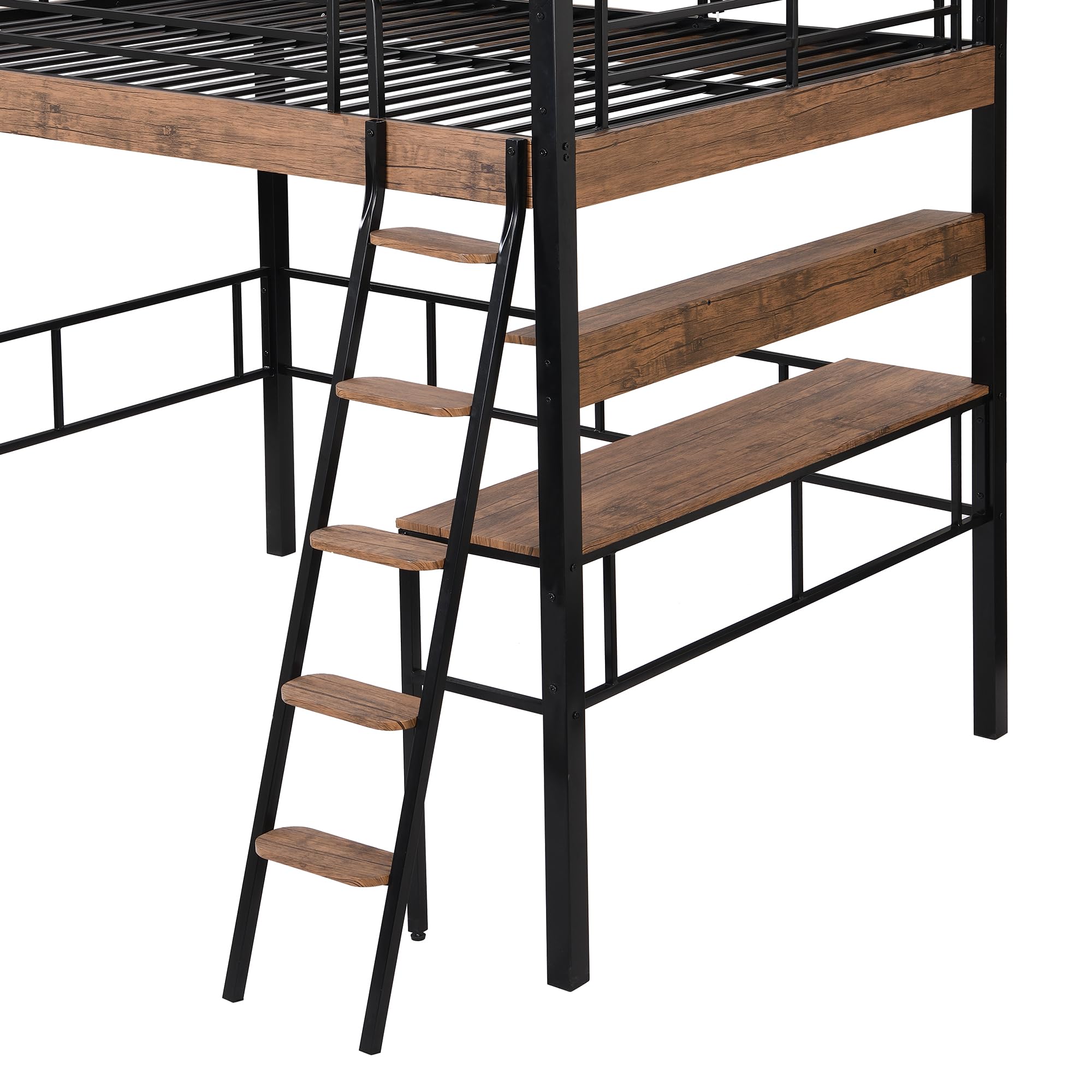 Full Size Loft Bed with Desk & Storage Shelf - Sturdy Metal Frame, Built-in Ladder & Safety Guardrail - Space-Saving Black Loft Bed for Kids & Teens - Perfect for Small Bedrooms, Dorms & Studio Apartments