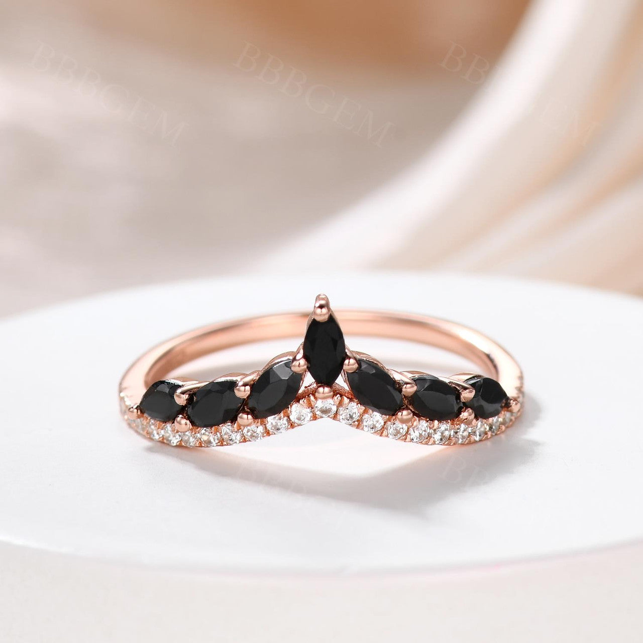 7 Stones Marquise Cut Black Spinel Diamond Crown Stacking V-Shaped Band Ring for Women - Elegant Wedding, Anniversary, or Party Jewelry Gift
