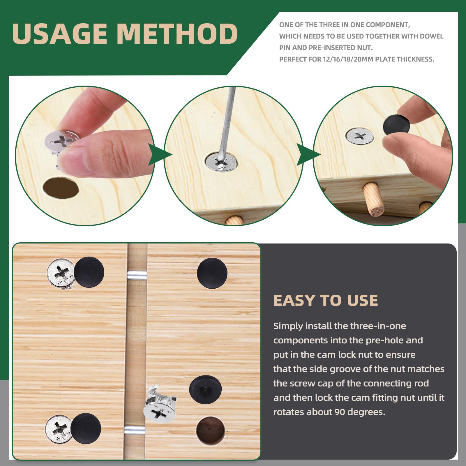 Keadic 120Pcs Cam Lock Fittings Kit for Furniture Assembly - Wardrobe, Drawer, Cabinet Hardware