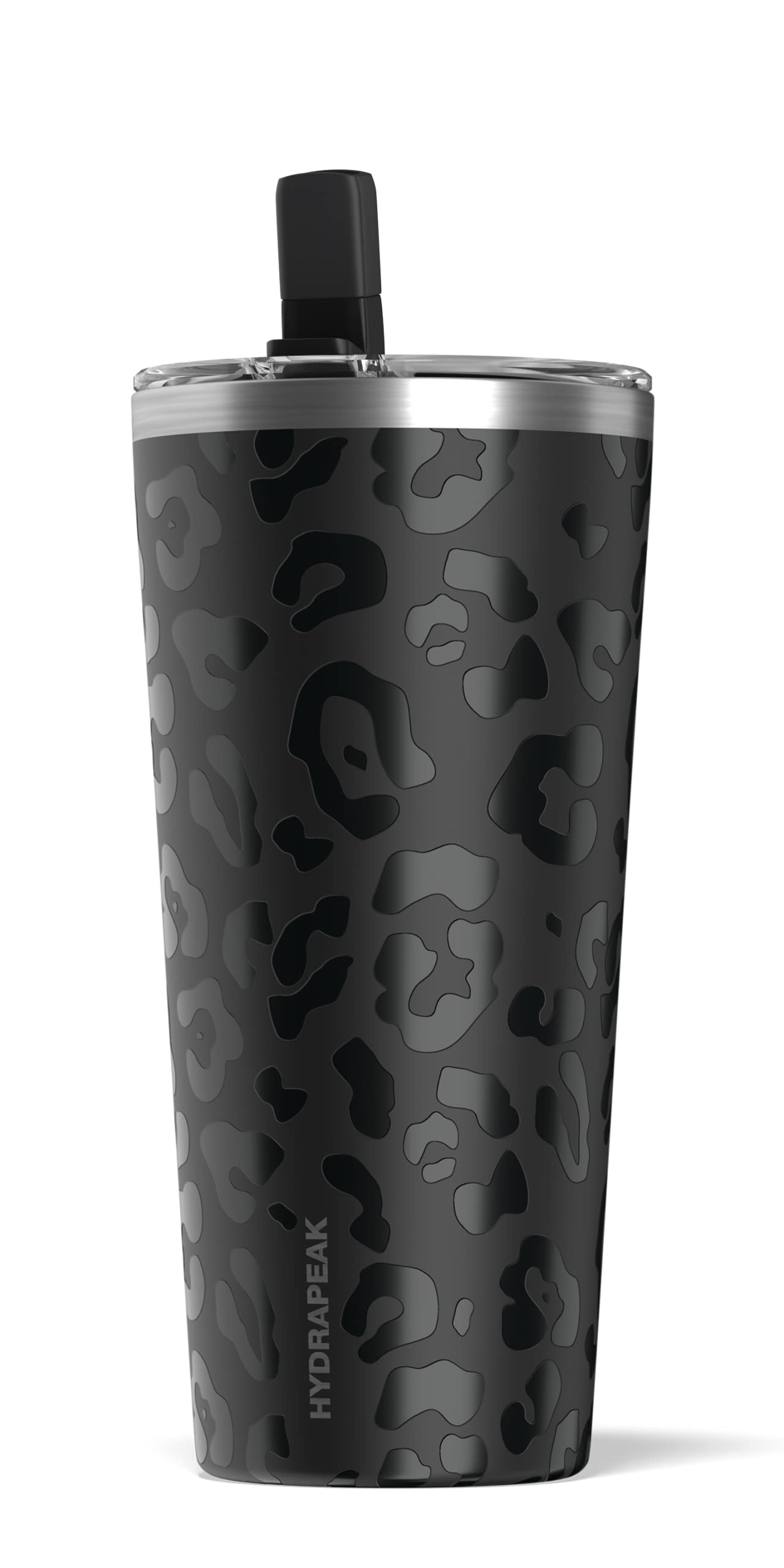 Hydrapeak Grande 25 oz Insulated Stainless Steel Tumbler with Lid & Straw - Double Wall Vacuum Thermal Cup for Hot Coffee, Iced Tea, Wine & Cold Drinks - Leakproof Reusable Travel Mug (Black Leopard Print) - Perfect for Office, Gym, Camping & Road Trips