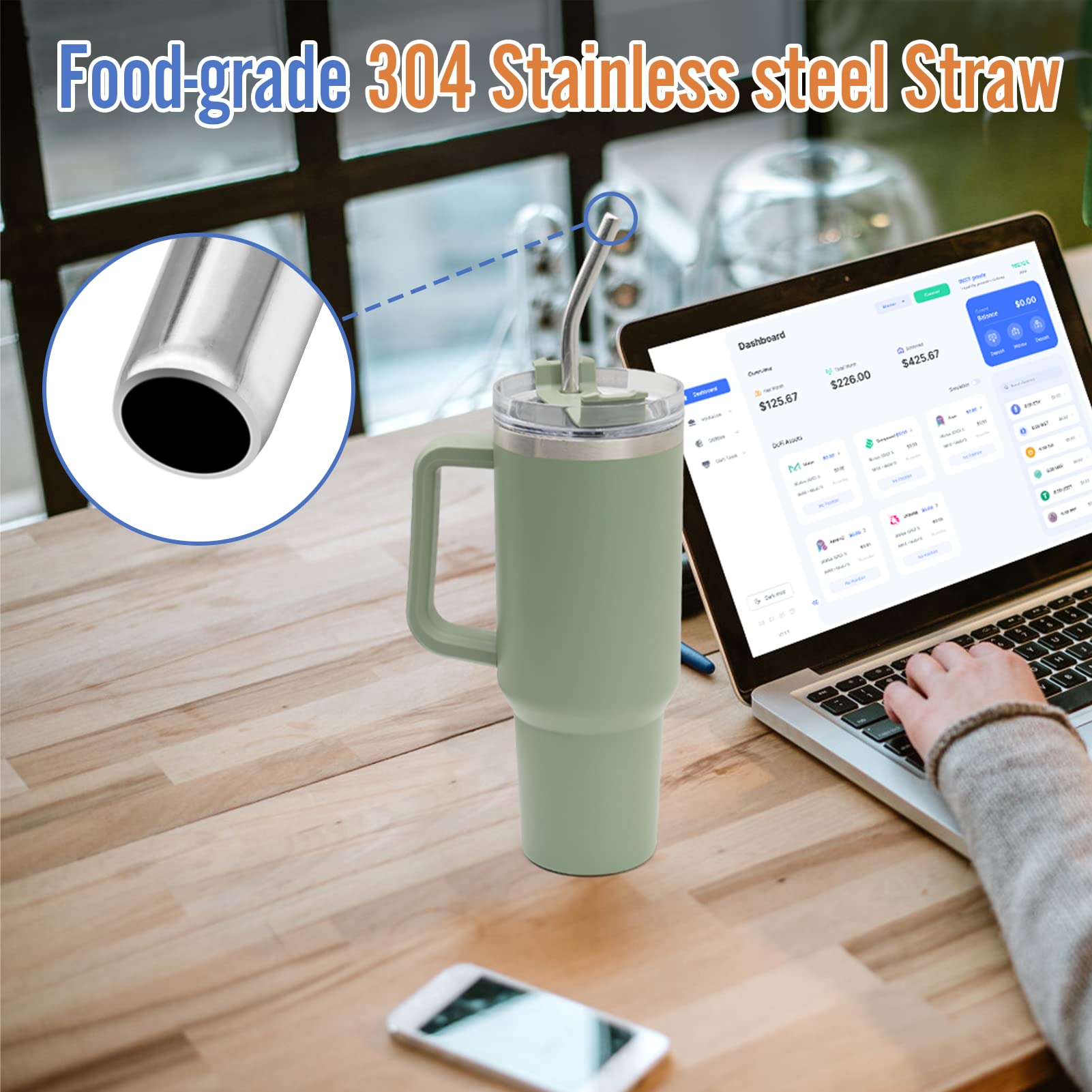 Stanley Cup Straws 6-Pack - Reusable Stainless Steel with Silicone Tips & Brush - Fits 40oz Tumblers for Outdoor & Office Use