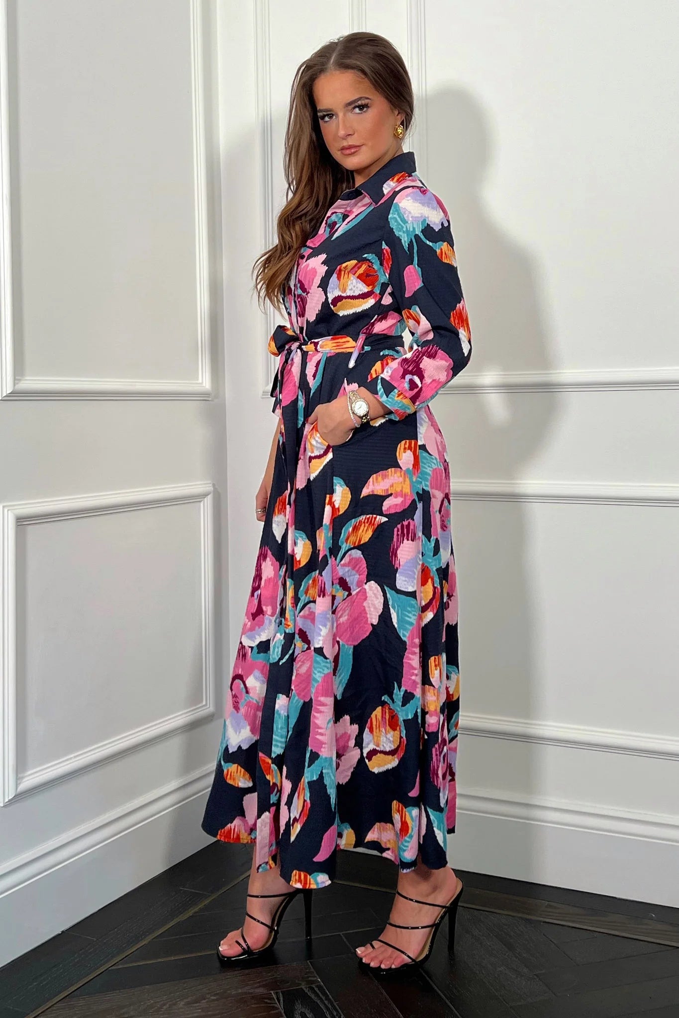 ANGELA Floral Print Shirt Dress for Women - Navy & Purple Summer Dress - Perfect for Casual Outings, Beach Vacations, and Office Wear