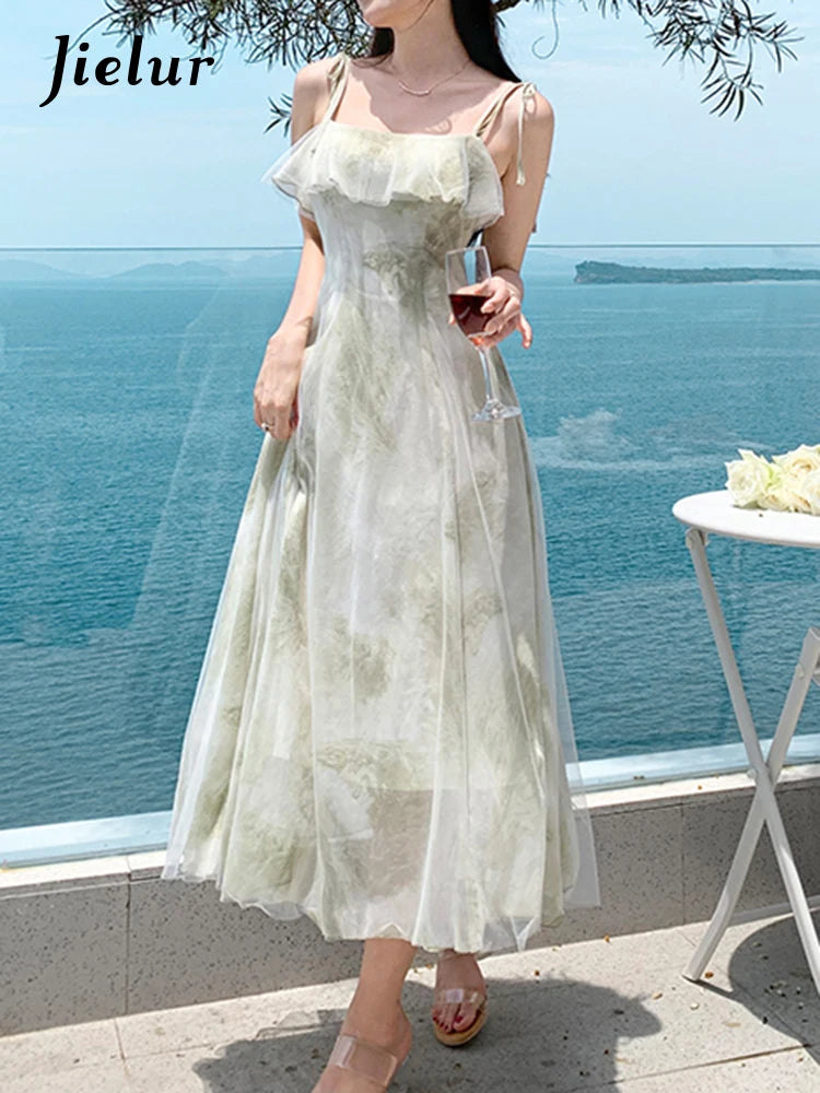 Strapless Green Floral Chiffon Dress for Women - Summer Sleeveless Slash Neck Elegant Beach Dress | Perfect for Vacations, Weddings & Tropical Getaways