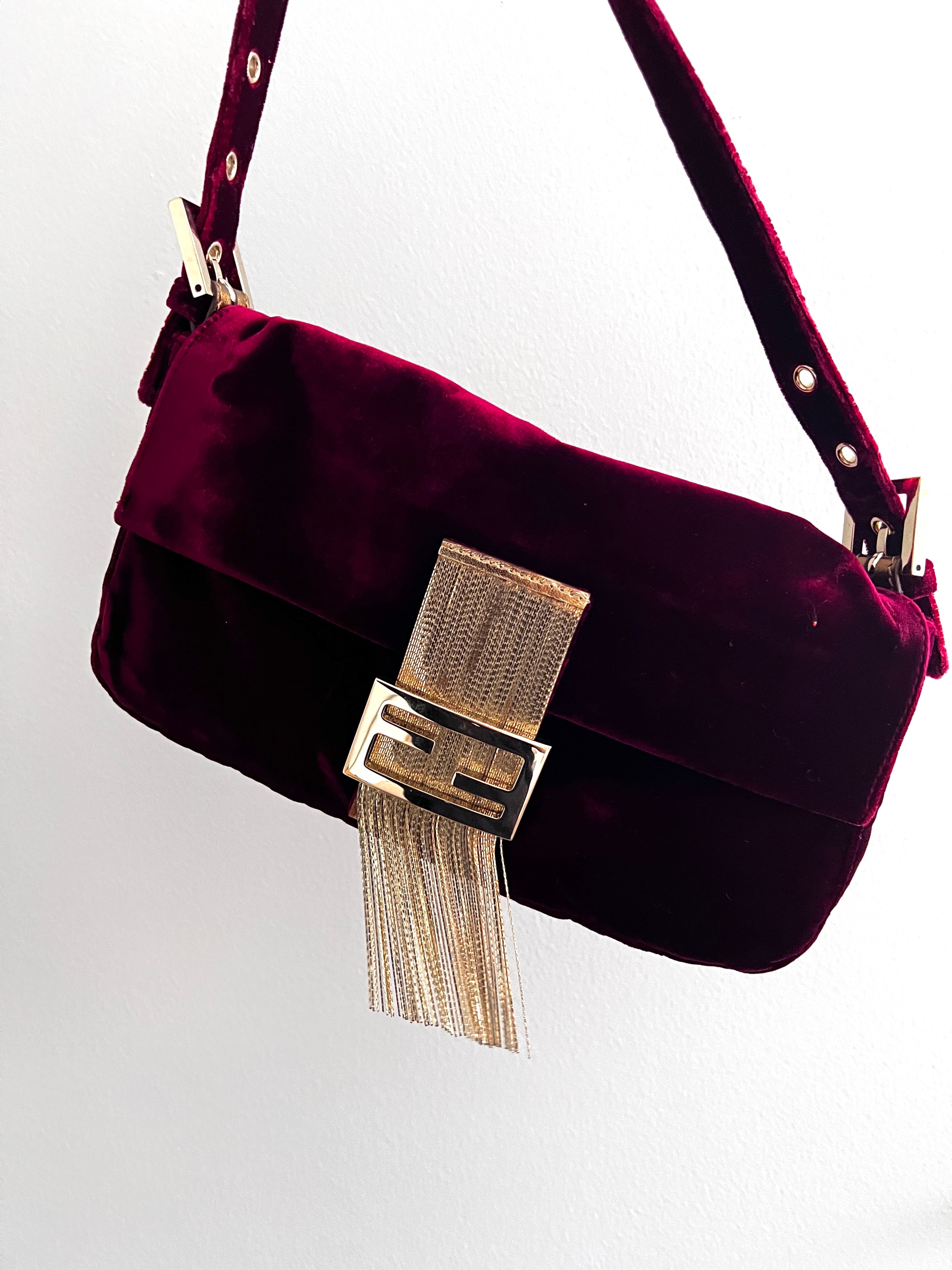 Vintage Fendi Red Velvet Fringe Baguette Bag - Luxury Designer Crossbody Purse for Women, Perfect for Parties, Weddings & Evening Events