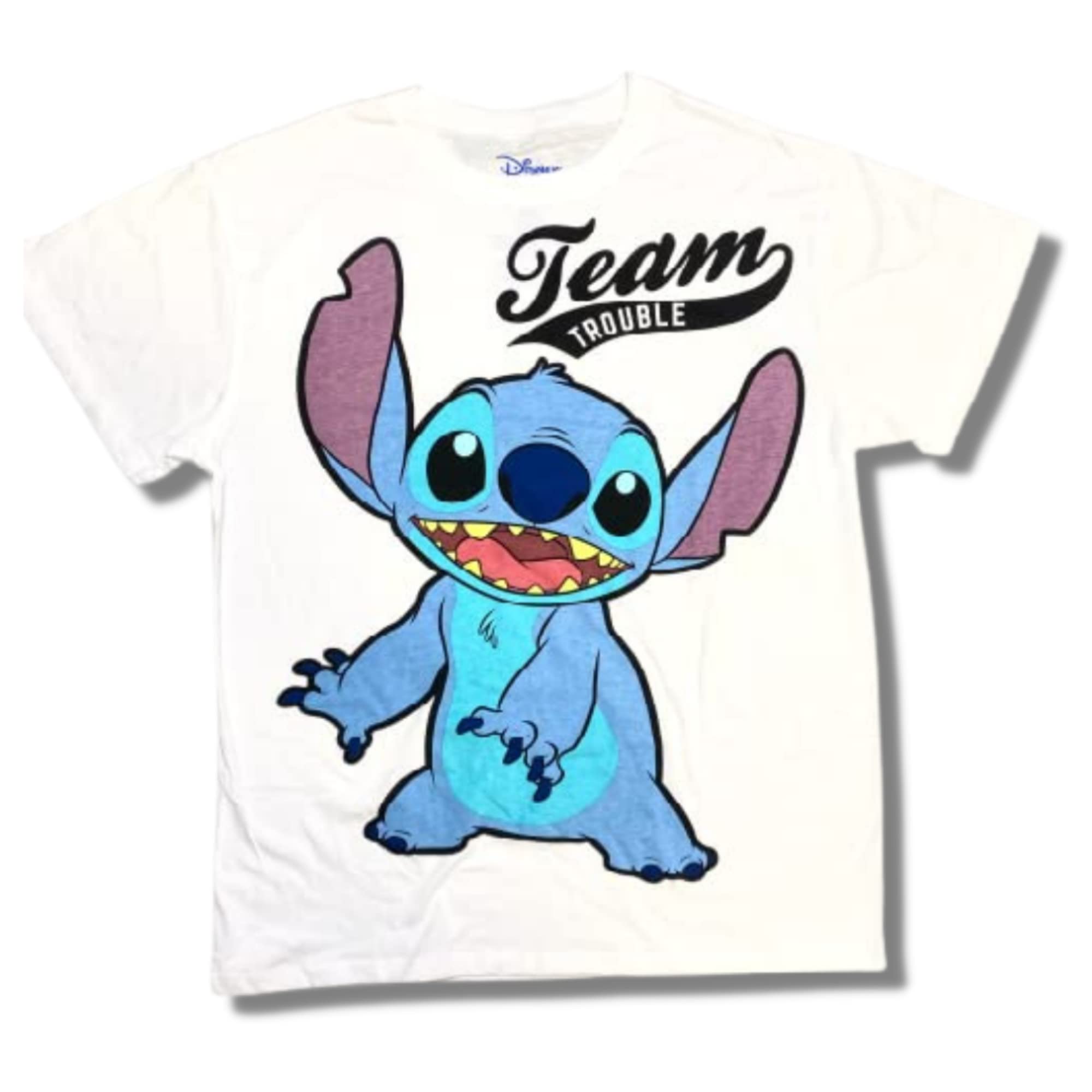 Disney Stitch Graphic T-Shirt - Team Trouble Oversized Novelty Tee for Juniors (Size M, White) | Cute Cartoon Character Shirts for Casual Wear, Cosplay & Disney Fan Gifts