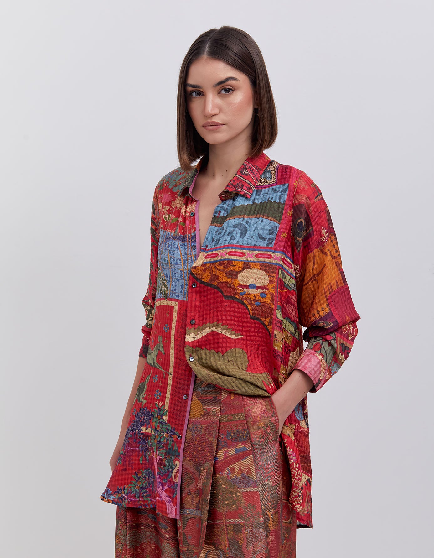 Premium Oversized Silk Shirt - Classic Check Pattern in Crimson Red | Elegant & Comfortable for Work, Parties & Casual Outings