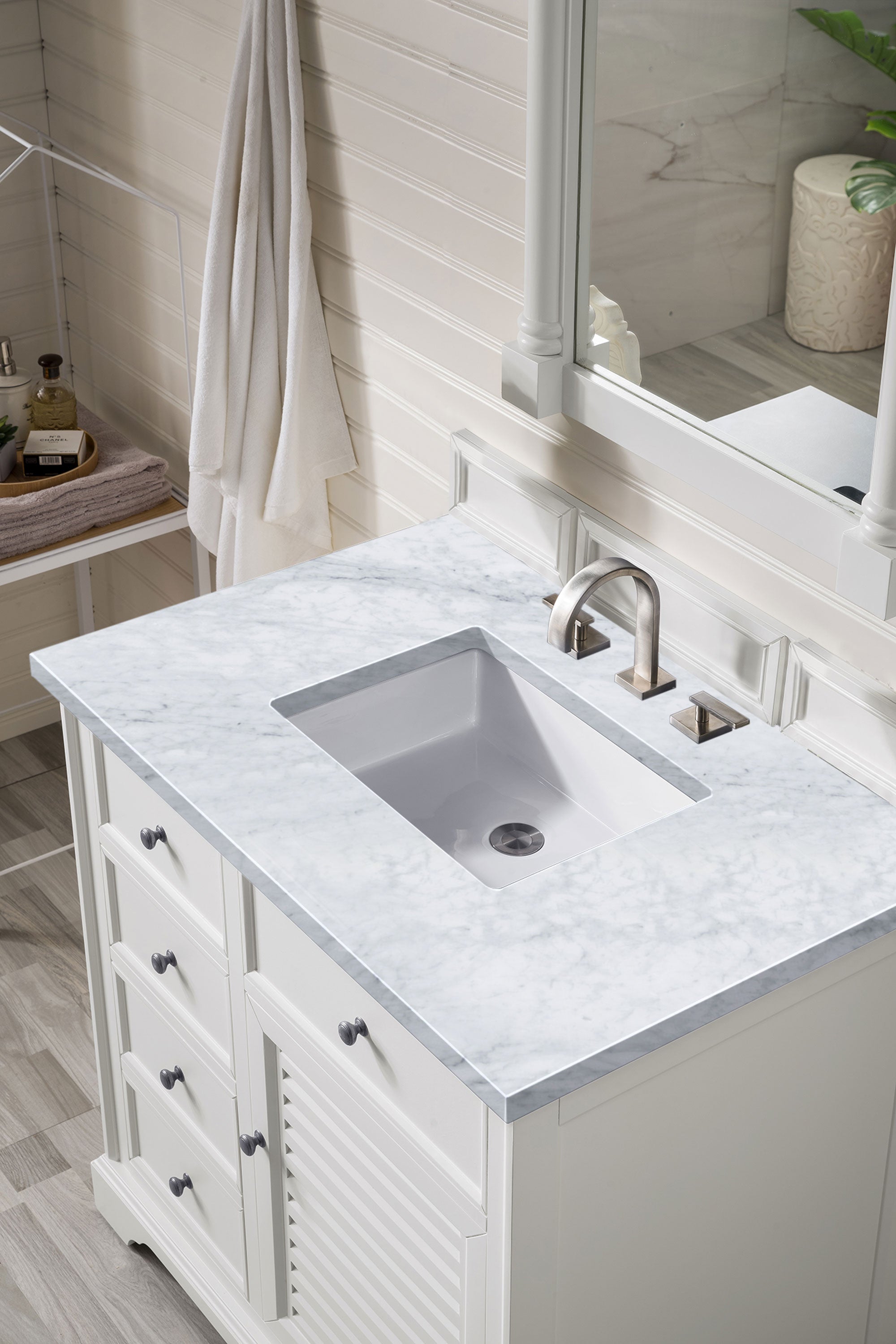 Savannah 36-Inch Bright White Bathroom Vanity with 3CM Carrara Marble Top - Perfect for Modern Master Bathrooms & Powder Rooms