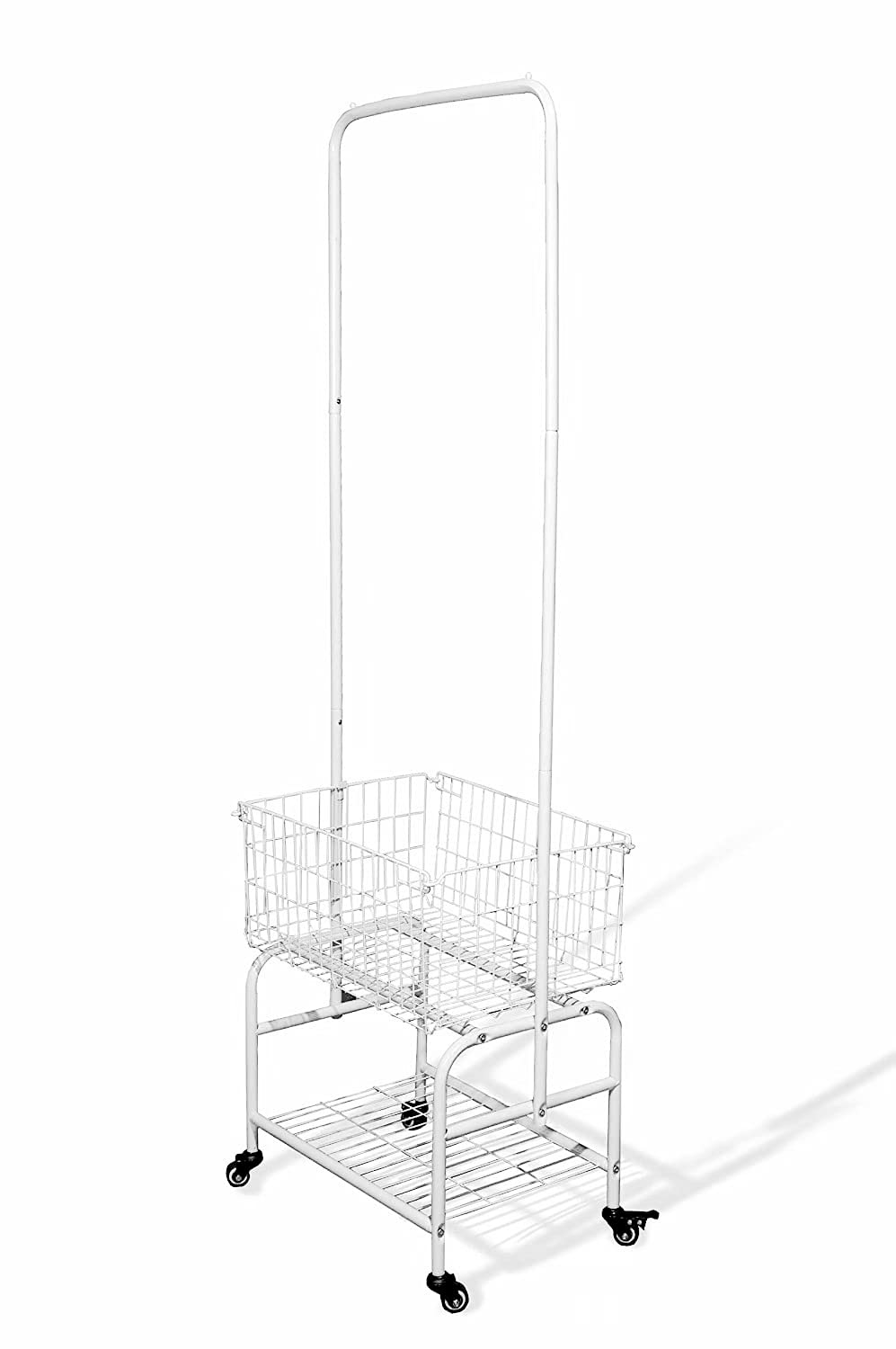 Foldable Laundry Rack with Wheels & Storage Basket - Portable Garment Hanger Organizer - White Metal Clothes Drying Stand for Small Spaces - Perfect for Apartments, Dorms, and Laundry Rooms