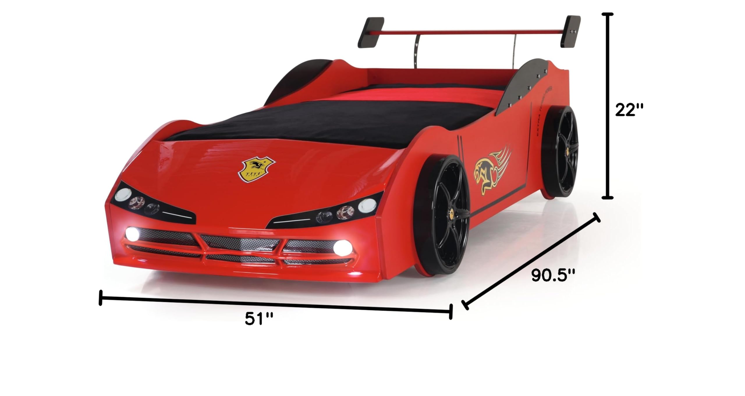 Wooden Twin Race Car Bed with LED Lights and Spoiler - Fun Kids Racing Bed for Boys & Girls Bedroom Decor, Perfect for Playtime and Sleepovers