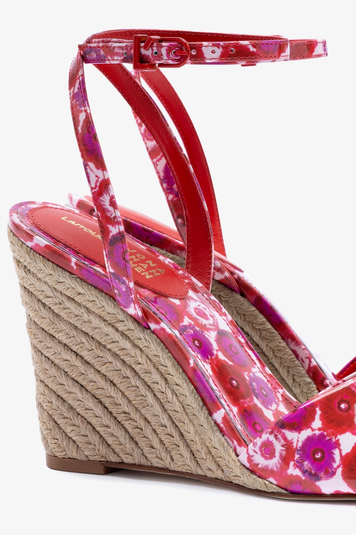 Larroudé x Jonathan Cohen Yves Wedge Sandals - Red Abstract Printed Patent Leather Heels for Women | Perfect for Parties, Weddings & Date Nights