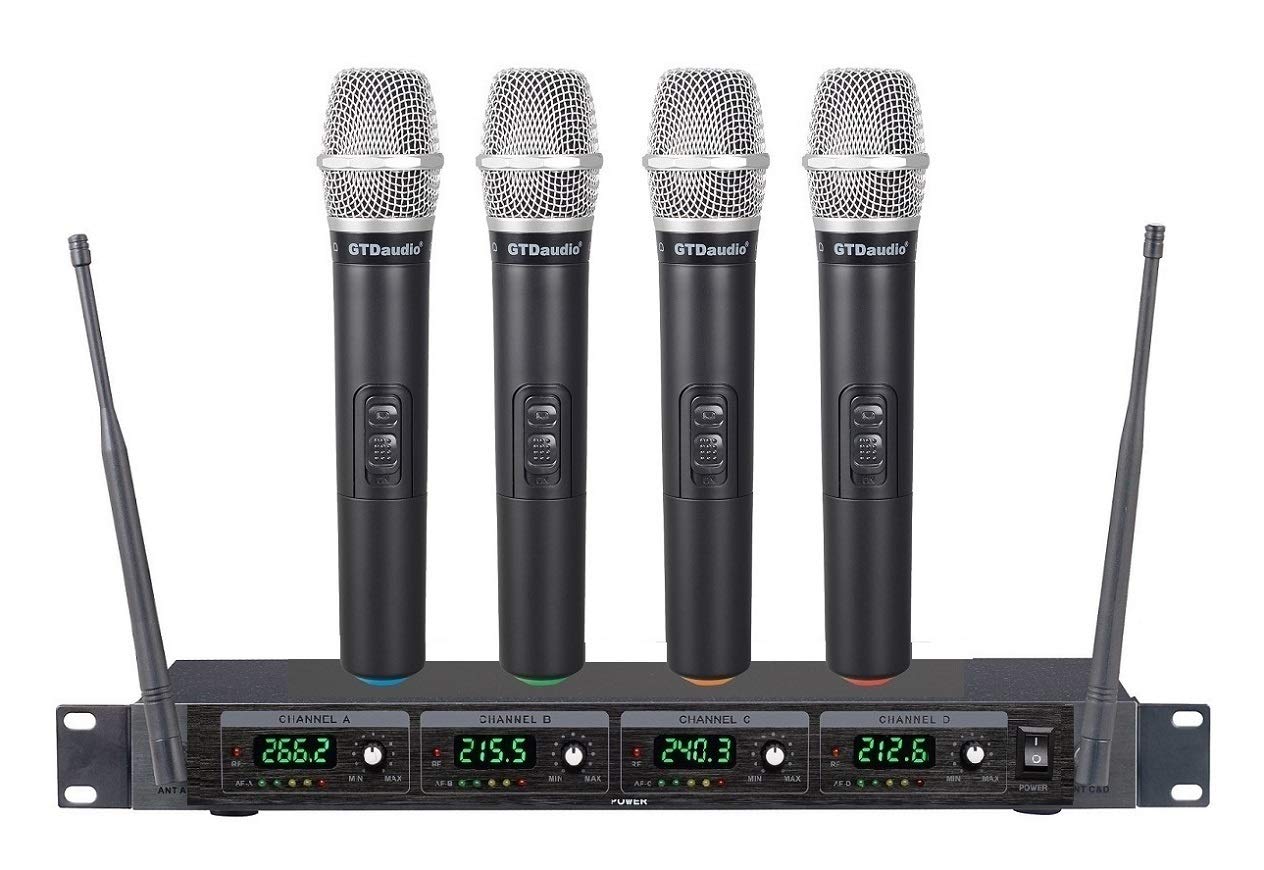 GTD Audio 4 Handheld Wireless Microphone System - 300 ft Range Cordless Mic for Karaoke, Church, DJ Party, Wedding & Live Performances - Perfect for Singing, Public Speaking & Stage Events