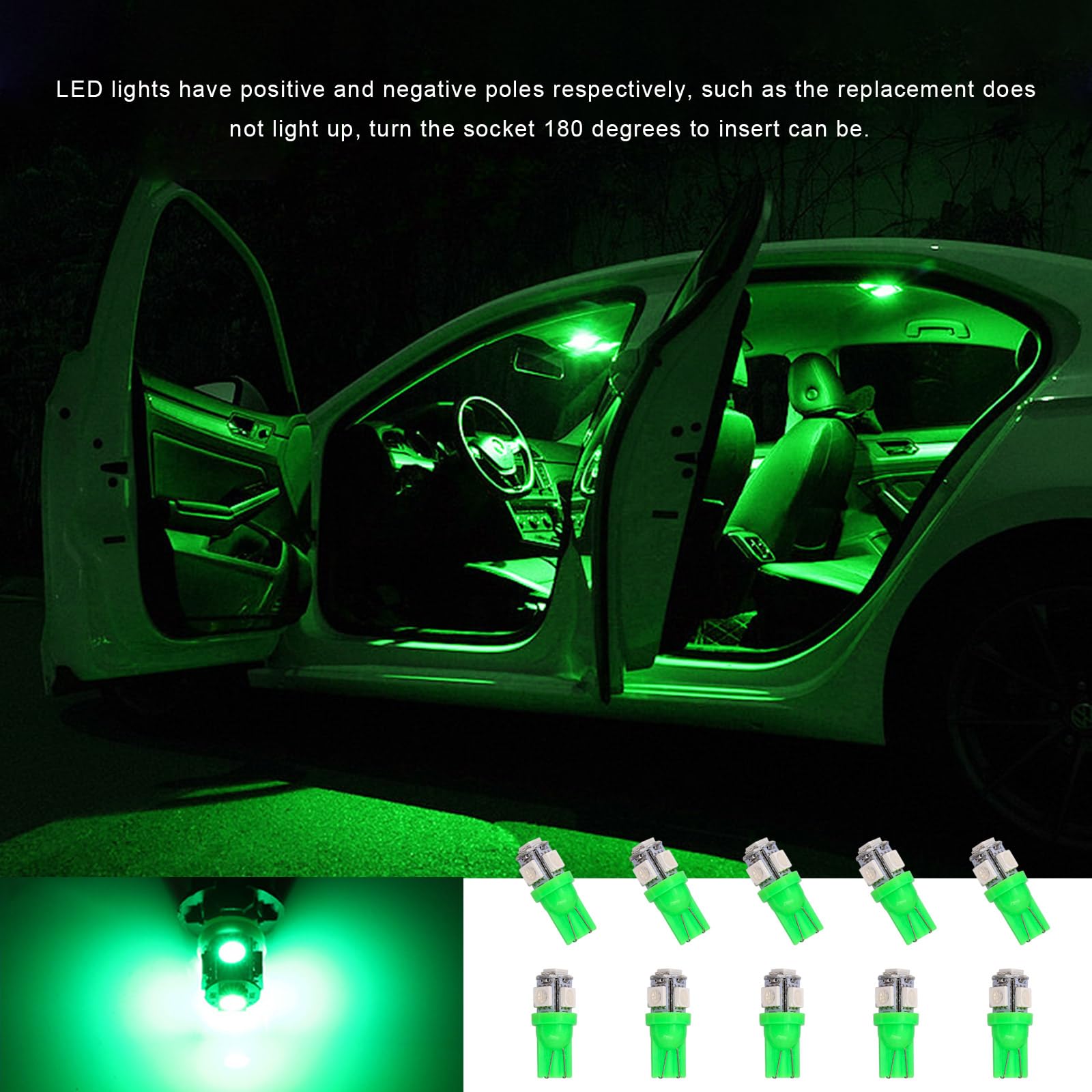 10 PCS Super Bright T10 5050 5SMD LED Car Interior Light Bulbs Kit - Green Automotive Replacement Bulbs for Dashboard, Dome, Map, Door, License Plate Lights | Perfect for Night Driving & Car Customization