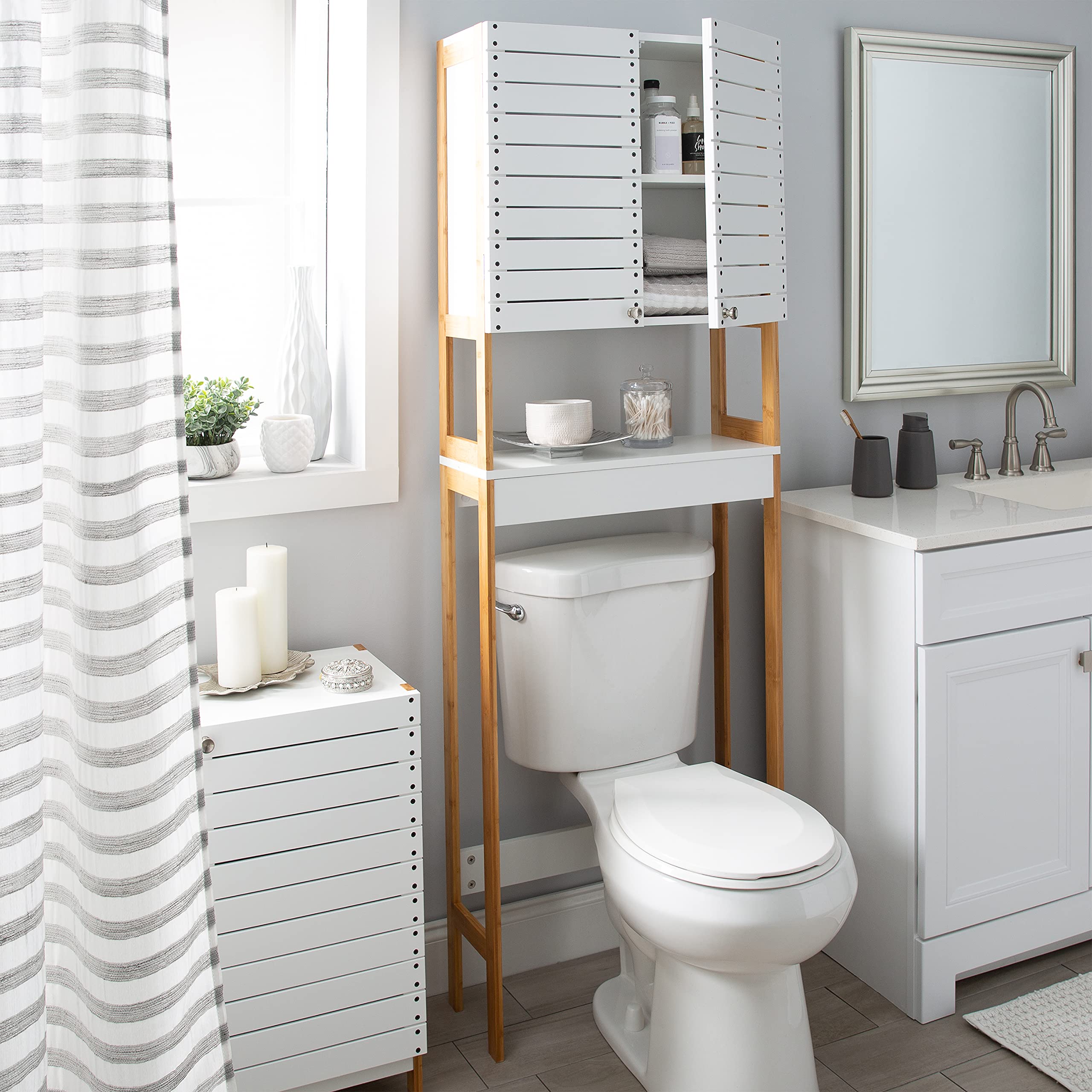 White 3-Tier Over The Toilet Bamboo Storage Cabinet - Space Saving Bathroom Organizer for Towels, Toiletries & Decor | Perfect for Small Bathrooms & Apartments