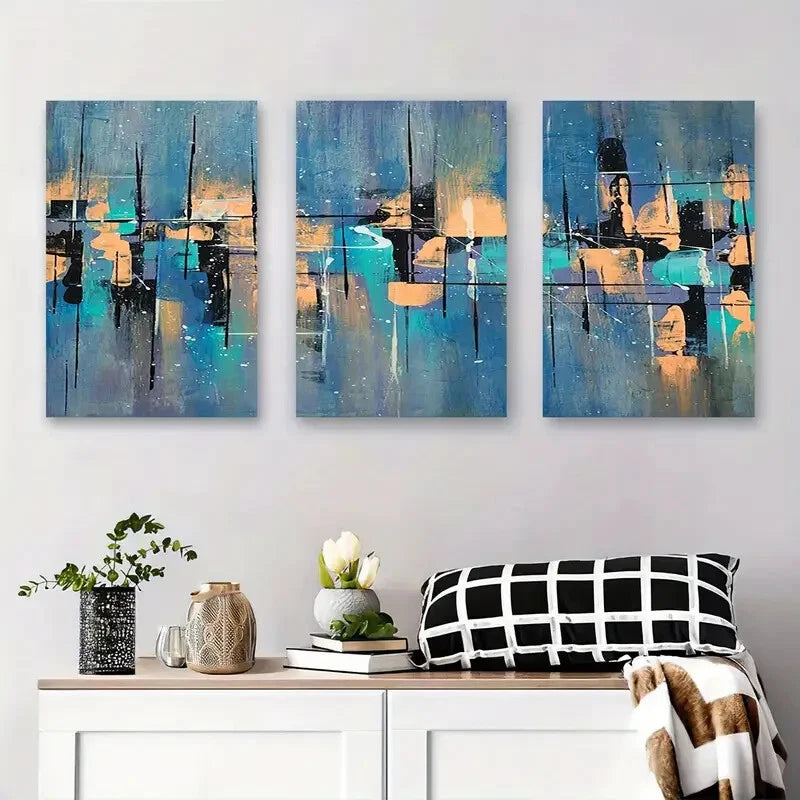 3-Piece Abstract Blue and Orange Geometric Metal Wall Art - Ready to Hang Modern Home Decor for Living Room, Bedroom & Office
