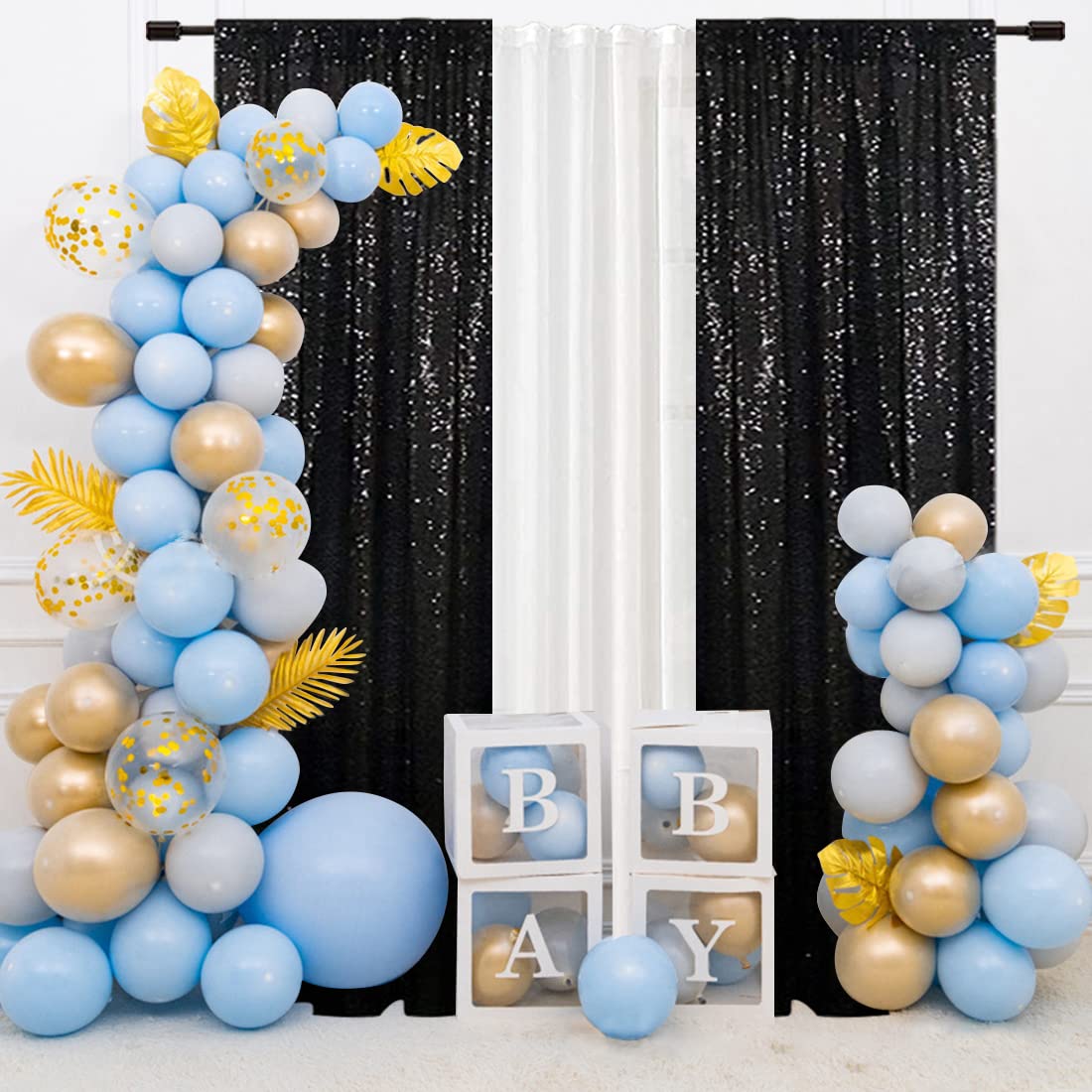 SquarePie Sequin Curtain 2 Panels - 2x8FT Black Backdrop for Wedding & Party Decor