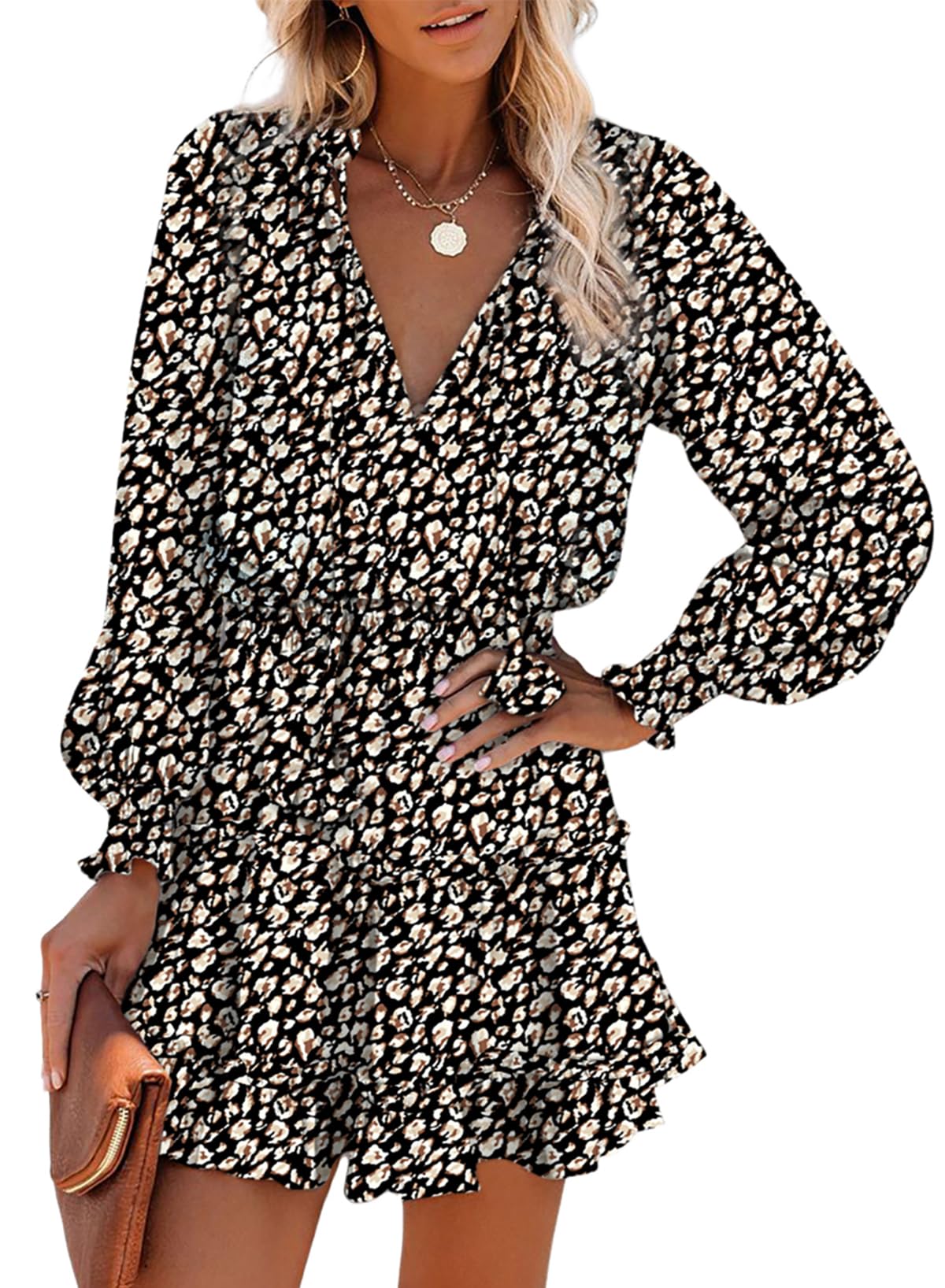 Dokotoo 2025 Spring Boho Floral Dress - V Neck Smocked Long Sleeve Ruffle Tiered Chiffon Mini Dress with Drawstring for Women | Perfect for Garden Parties, Date Nights & Summer Vacations