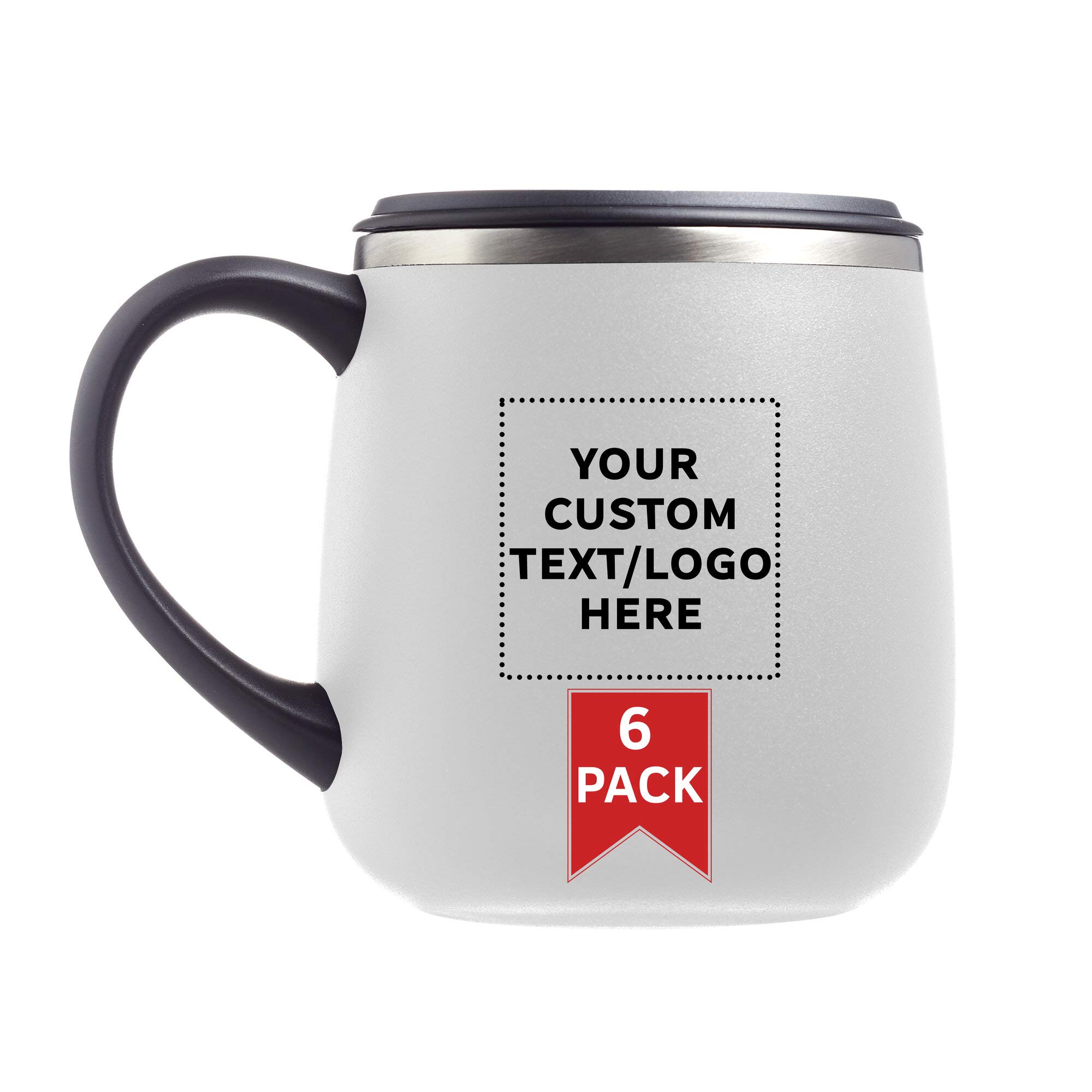 Personalized 11 oz Stainless Steel Coffee Mugs with Lid - 6 Pack Custom Text & Logo - White - Perfect for Office Gifts, Corporate Events & Travel Commuter Cups