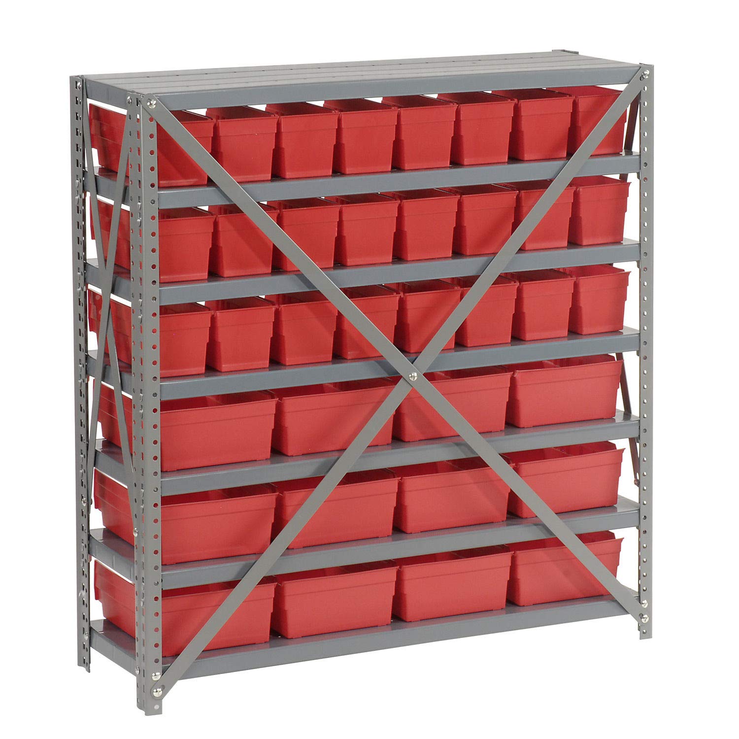 Heavy Duty 7-Tier Steel Shelving Unit with 36 Plastic Bins - 36