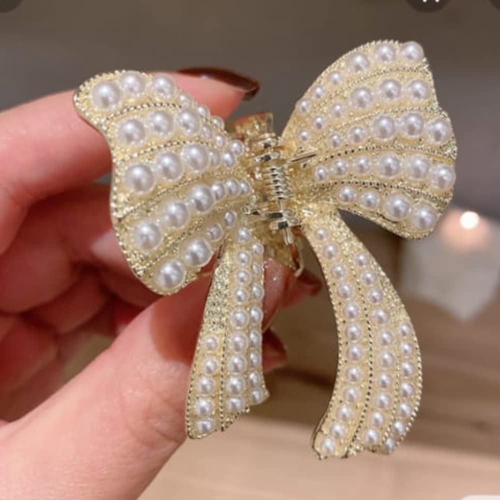 Elegant Pearl Hair Clips for Women & Girls - Wedding Hair Accessories, Bow Claw Clip, Metal Hair Clutcher (1PC) - Perfect for Bridal, Prom, Party & Everyday Styling