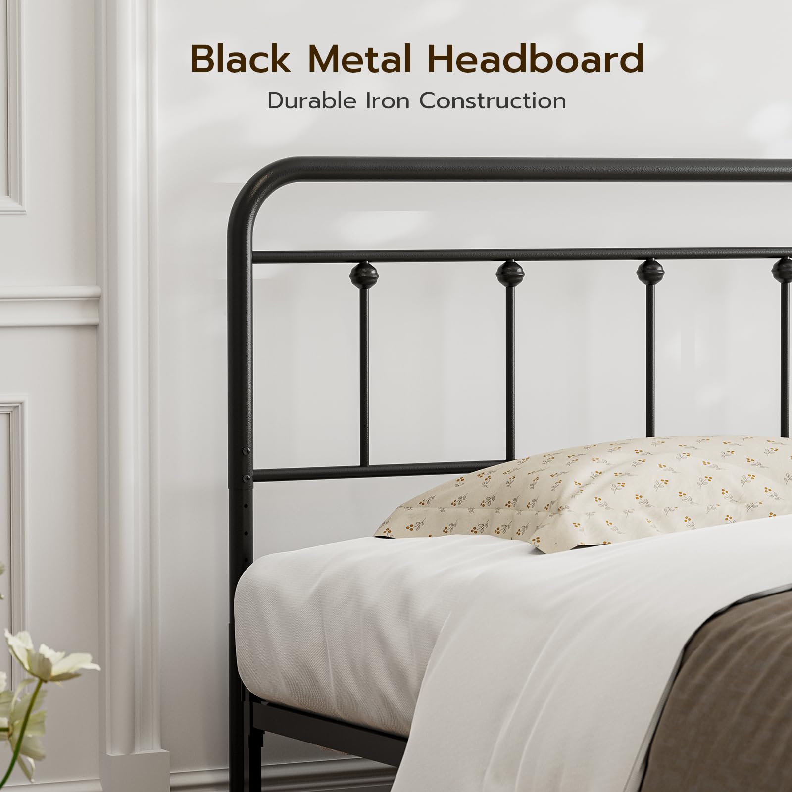 Black Metal King Size Headboard - Adjustable Height Farmhouse Victorian Wrought Iron Bed Frame - Perfect for Master Bedroom & Guest Room Decor