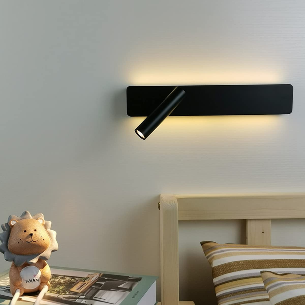 Simple Strip Sconce Wall Light - 350°+90° Adjustable LED Reading Lamp with Independent Background Light Control - Modern Bedroom Bedside Lighting Fixture for Reading & Decoration