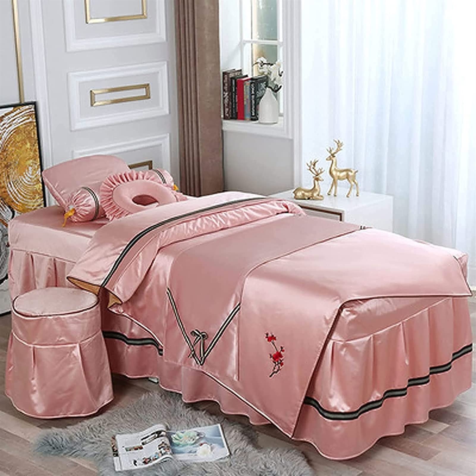Premium 4-Piece Massage Table Sheet Set with Face Rest Hole - Soft European Solid Color Salon Spa Bed Cover, 190x70cm Square Head (Pink) - Ideal for Professional Massage, Facial Treatments & Spa Services