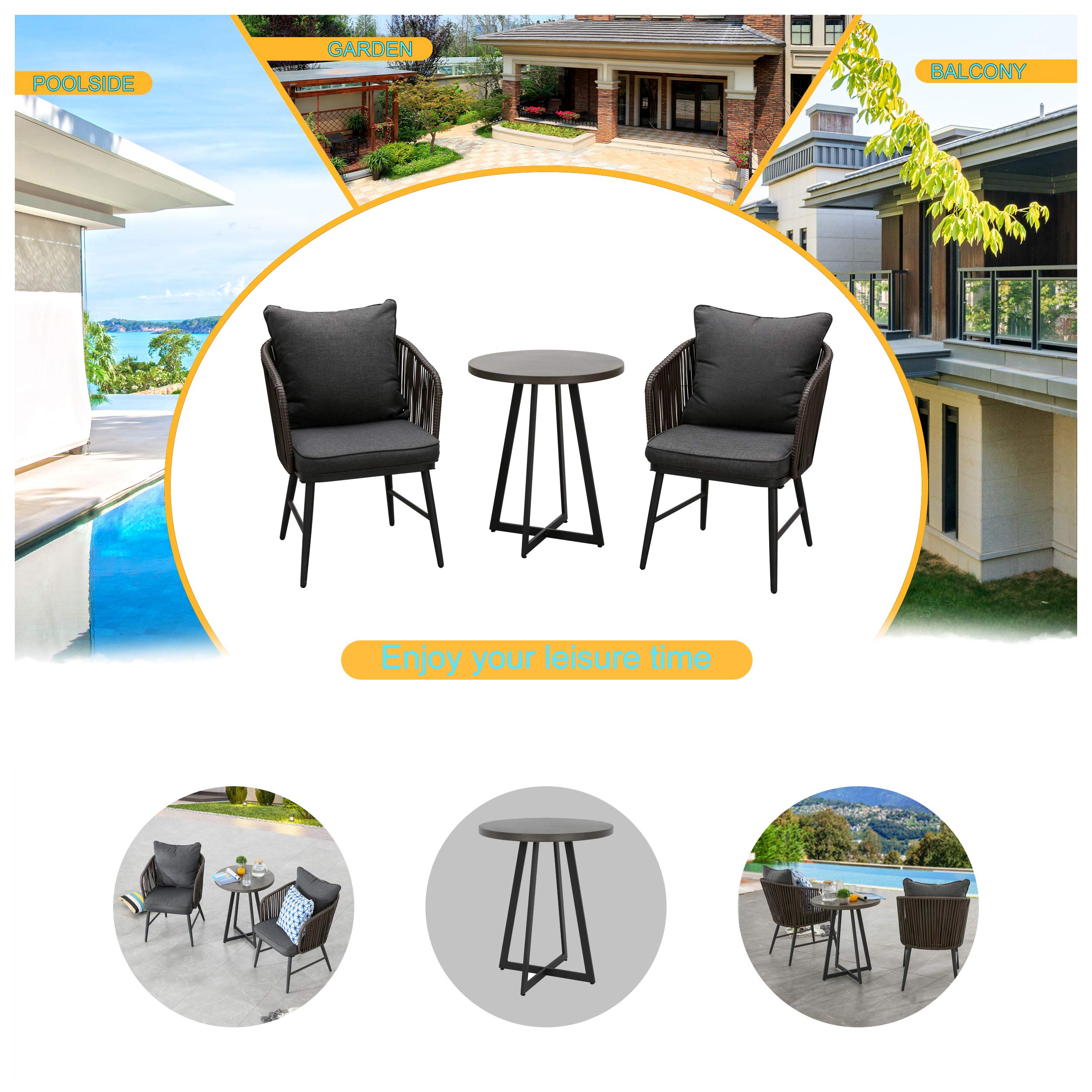 LOKATSE HOME 3-Piece Outdoor Bistro Set - Modern Wicker Patio Furniture with 2 Chairs (Includes Seat & Back Cushions) & 1 Black Coffee Table - Perfect for Balcony, Garden, Deck or Poolside Relaxation