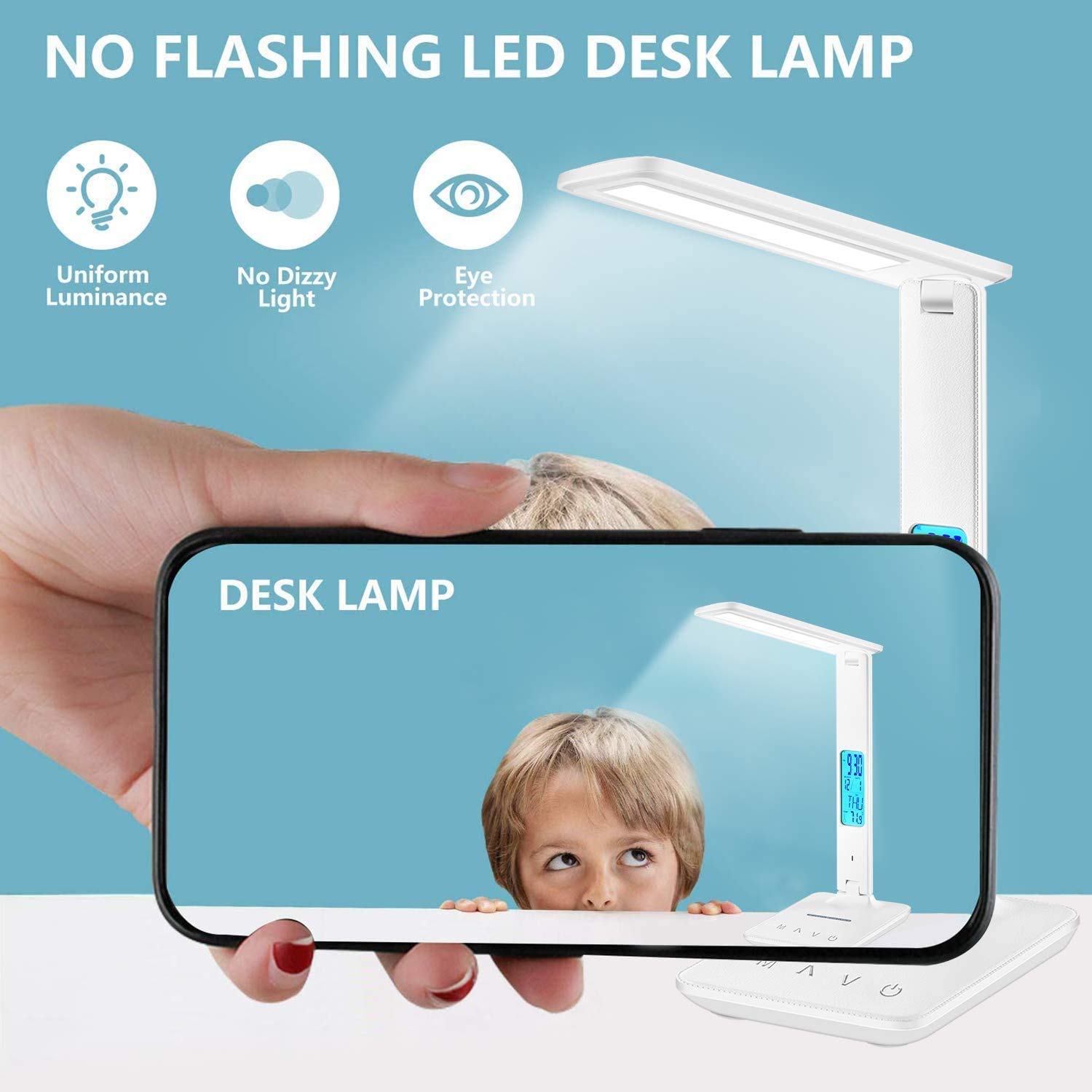 LED Desk Lamp with USB Charging & Wireless Charger - Adjustable Foldable Table Lamp with Clock, Alarm & Date Display - 5-Level Dimmable Lighting for Home Office, Studying, Reading & Working (White) - Perfect for Nightstands, Dorm Rooms & Workspaces