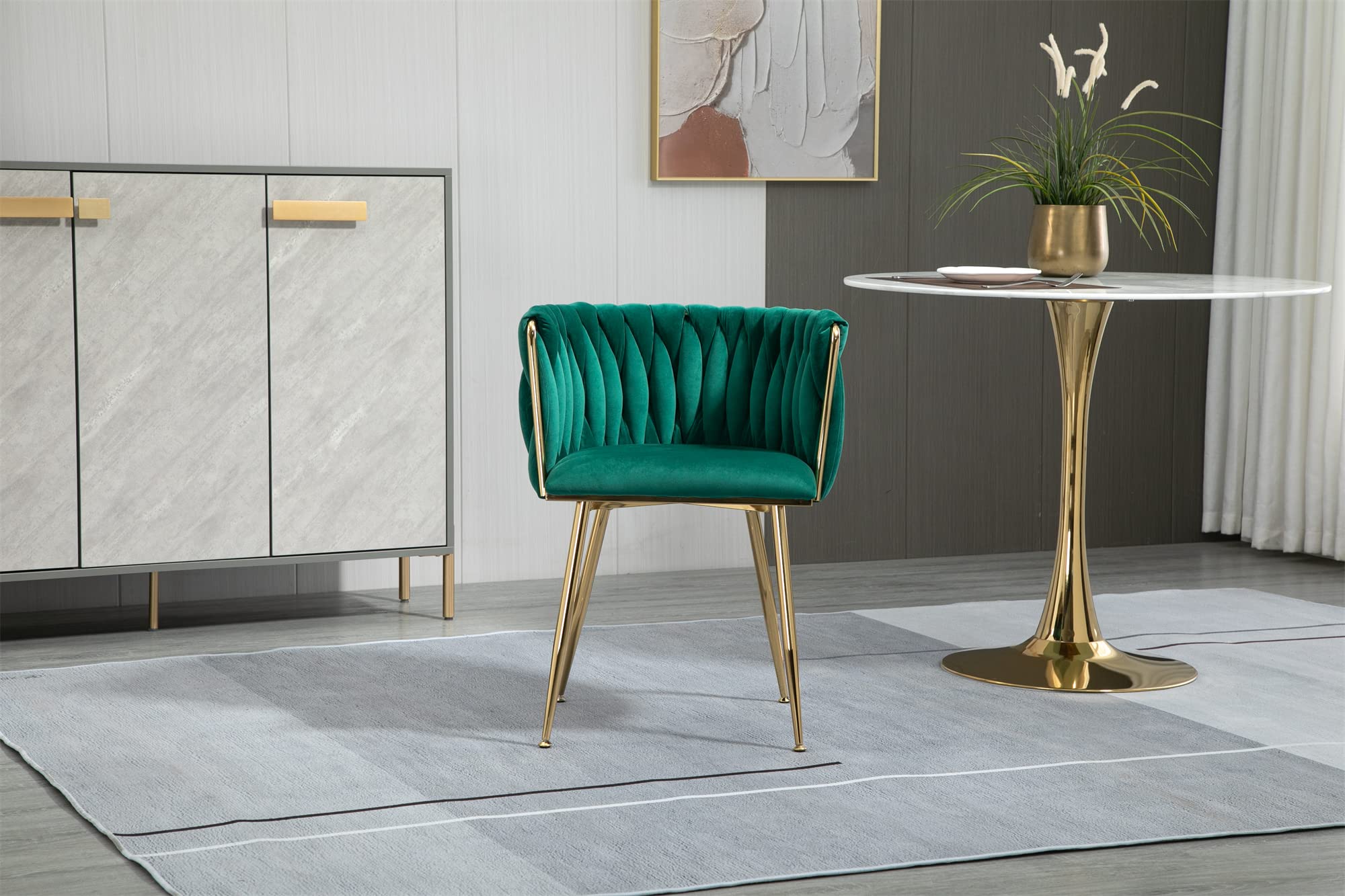 Modern Velvet Dining Chairs Set of 2 - Mid Back Support Living Room Chairs with Gold Frame & Woven Trim - Emerald Green Upholstered Club Chairs for Dining Room, Kitchen, Dressing Table | Perfect for Home Decor, Entertaining Guests & Cozy Reading Nook