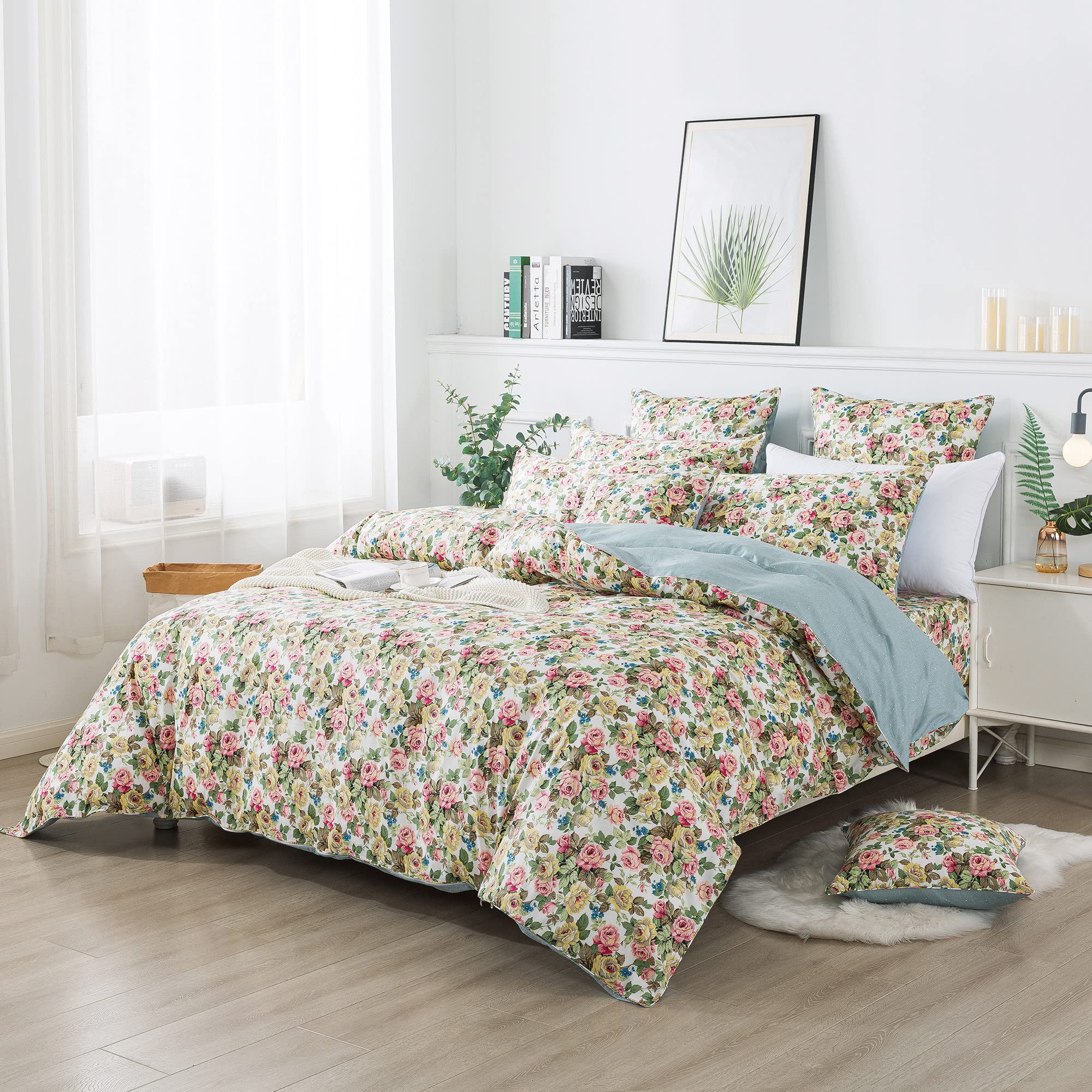 FADFAY Full Size Duvet Cover Set - 100% Cotton Rose Floral Vintage French Country Farmhouse Bedding for Girls | 3-Piece Set with Hidden Zipper Closure | Perfect for Cozy Farmhouse, Shabby Chic & French Country Bedrooms