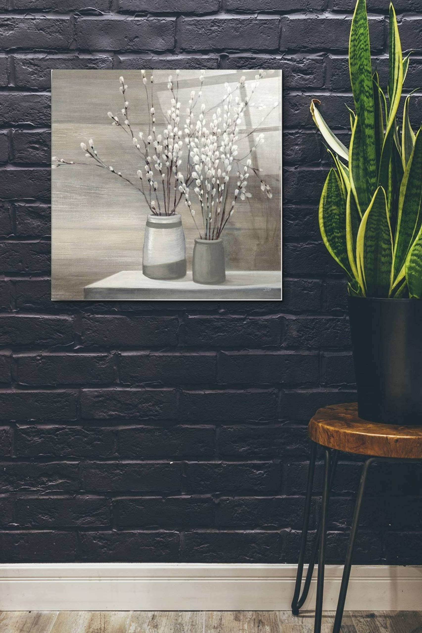 Julia Purinton 'Pussy Willow Still Life Gray Pots' Acrylic Glass Wall Art - 24x24 Inches Modern Home Decor for Living Room, Bedroom & Office