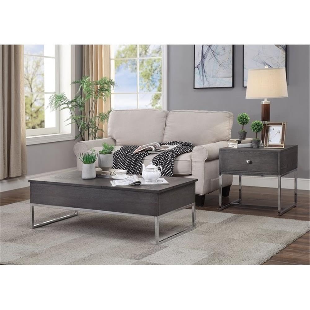 Acme Iban Lift Top Coffee Table - Gray Oak & Chrome Finish - Modern Living Room Furniture for Small Spaces & Storage Solutions
